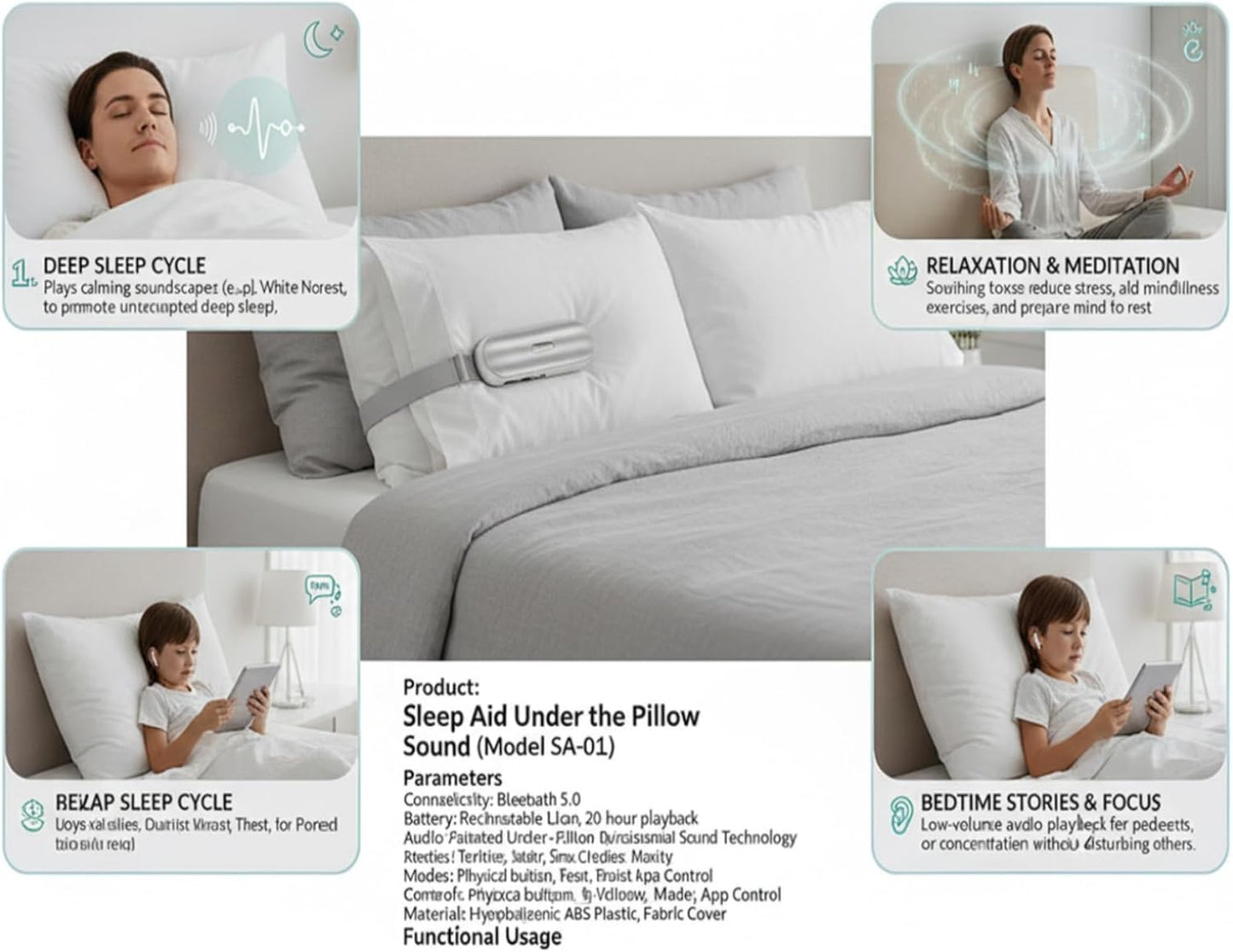 Morseatooke Pillow Speaker Bluetooth Sound Machine with Bone Conduction Technology,White Noise for Sleep Enhancement