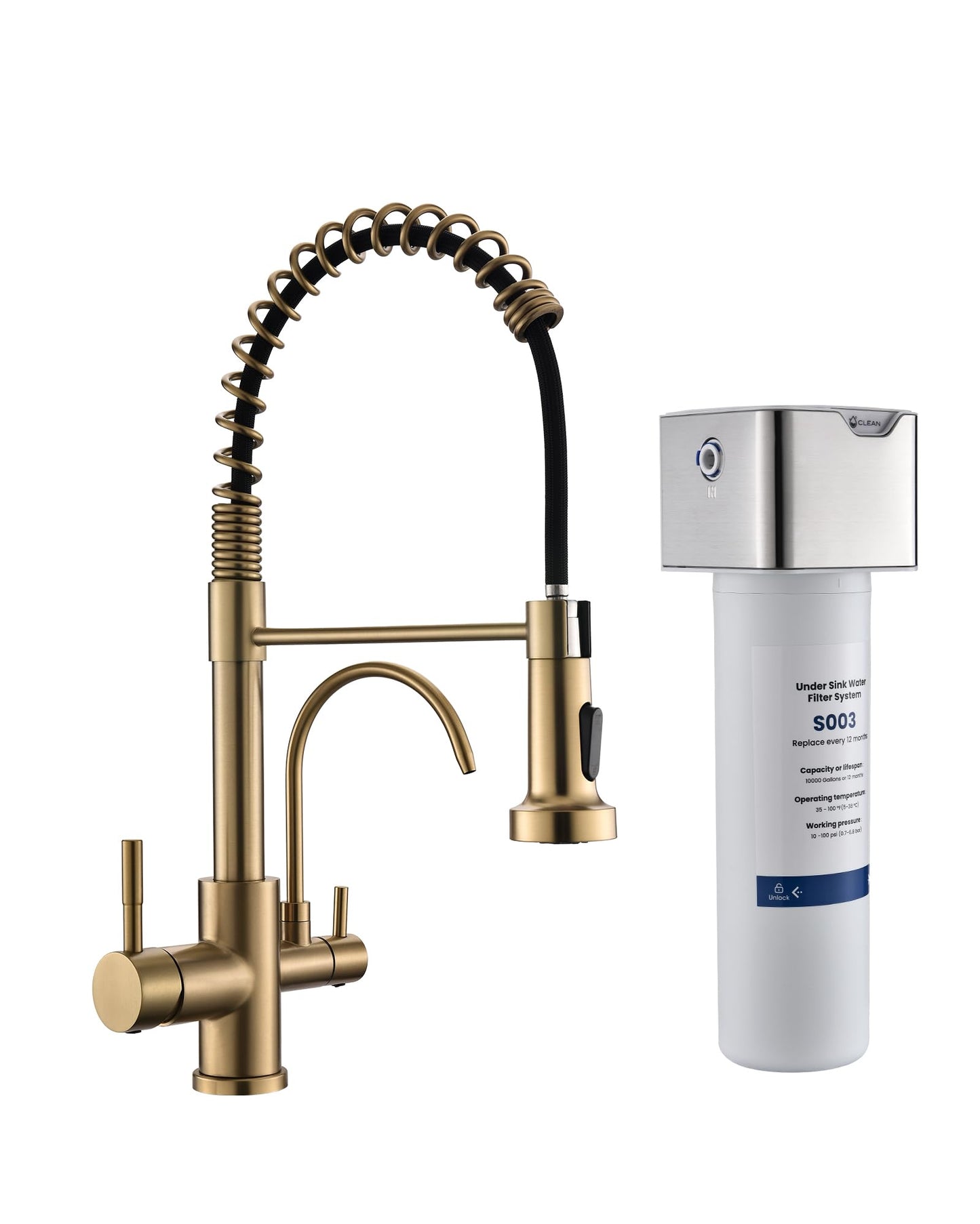 GIMILI 3 in 1 Kitchen Faucet with Pull Down Sprayer Brushed Gold Two Handle Kitchen Sink Faucet with Under Sink Water Filter System Reduces PFAS, PFOA/PFOS, Lead, Chlorine, Bad Taste & Odor