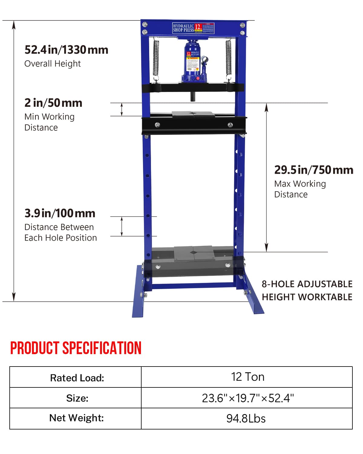 Hydraulic Press, 12 Ton H-Frame Garage Floor Adjustable Shop Press with Stamping Plates to Bend, Straighten, Or Press Parts, Install Bearings & U-Joints