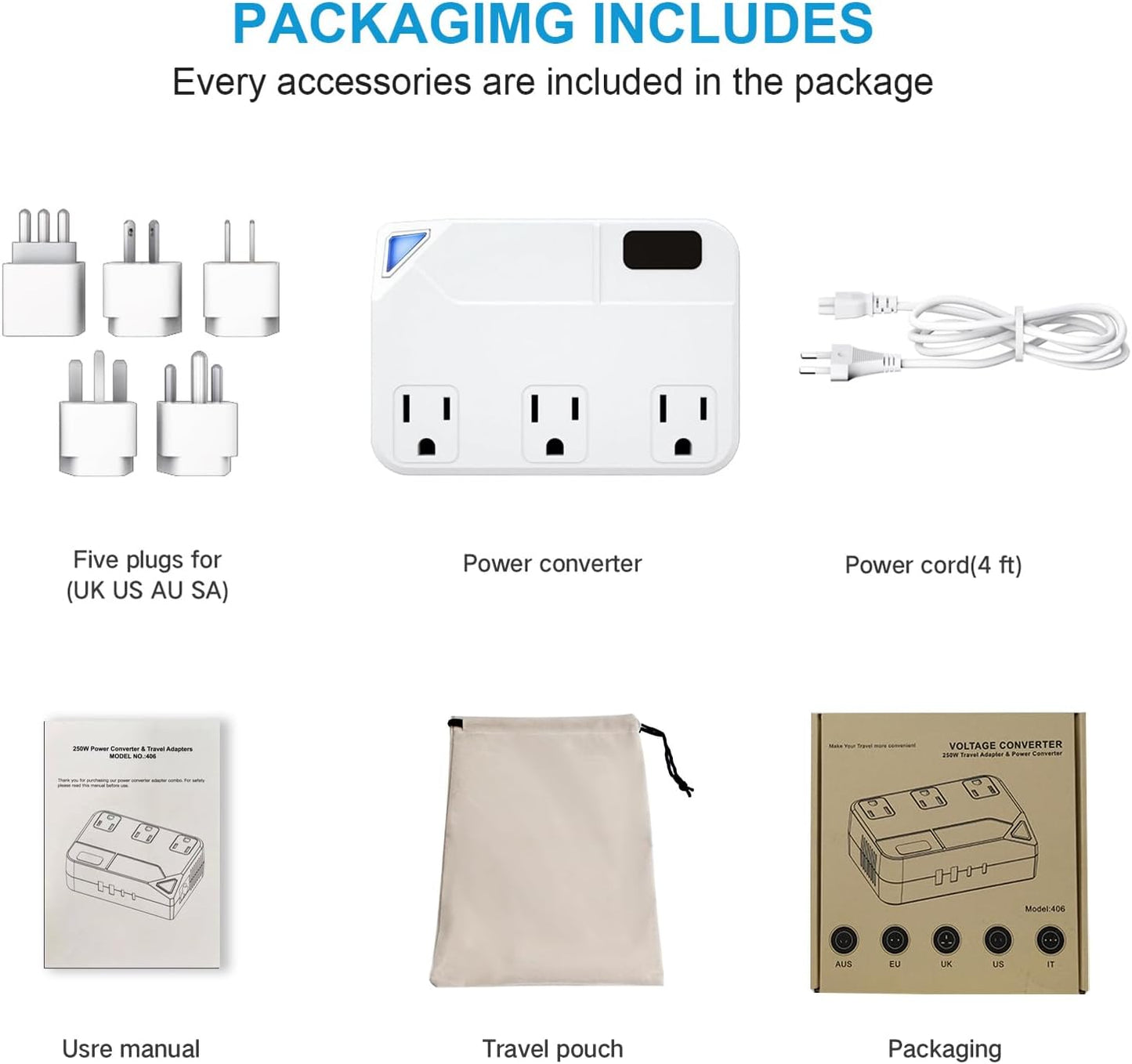 WAUDM 250W 2 2 220V 110V 100V-240V Countries Conversion Plug, International Travel Converter with USB and USB-C Ports