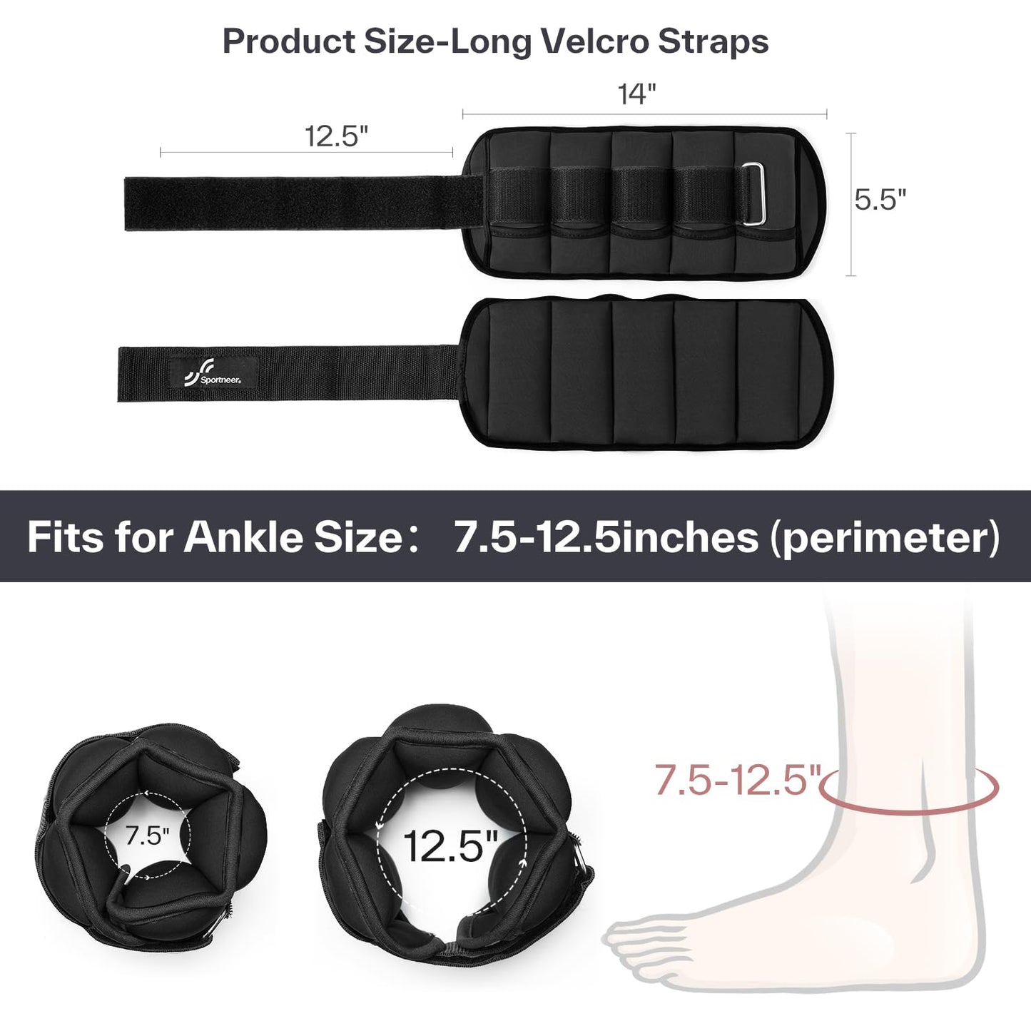 Sportneer Adjustable Ankle Weights Set - 1 Pair (2-10 lbs) Removable Sandbags for Women & Men, Comfortable Neoprene Leg Weights for Walking, Running, Pilates, Yoga, Home Workout & Physical Therapy