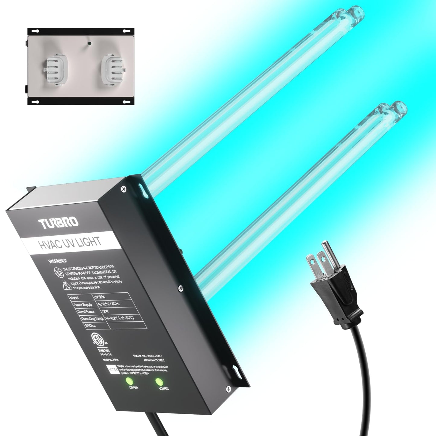 TURBRO 72W UV Sanitizer Lamp with Energy Saving Airflow Sensor, Ozone Free Ultraviolet Light, Air Purifier for HVAC Units and Ducted Systems, Direct Plug-in 120V, UV72PA
