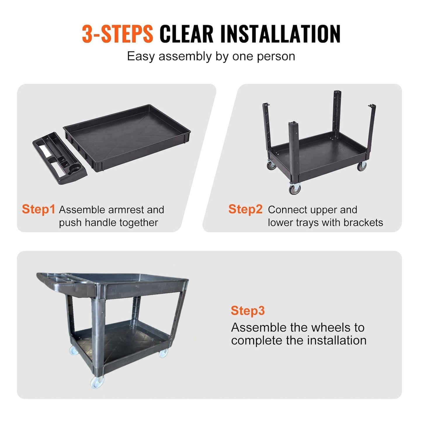 Plastic Utility Cart, 45-1/2" L x 25-1/2" W with Handle 2 Shelves, 550lb Cap. Heavy Duty 2 Swivel 2 Rigid Wheels, Large Lipped Shelf, Ergonomic Storage Handle for Warehouse/Garage/Cleaning