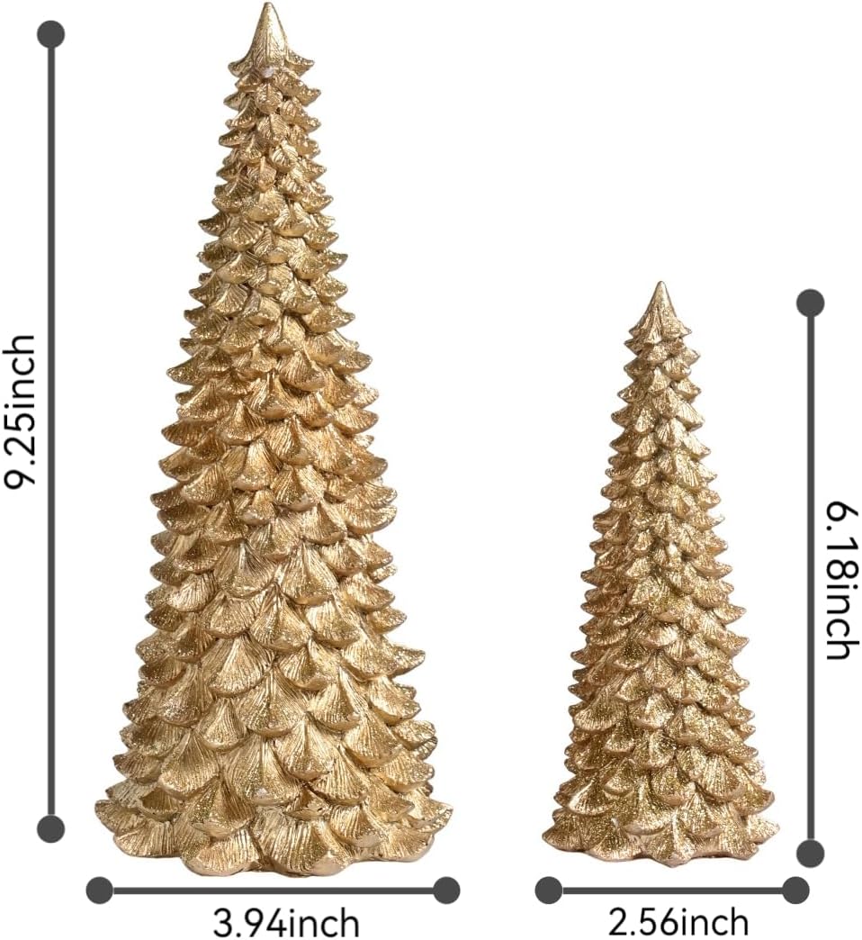 AOMOONOA Gold Christmas Tree Figurines - 2Pcs Resin Glitter Tabletop Decor | Small Xmas Trees Set