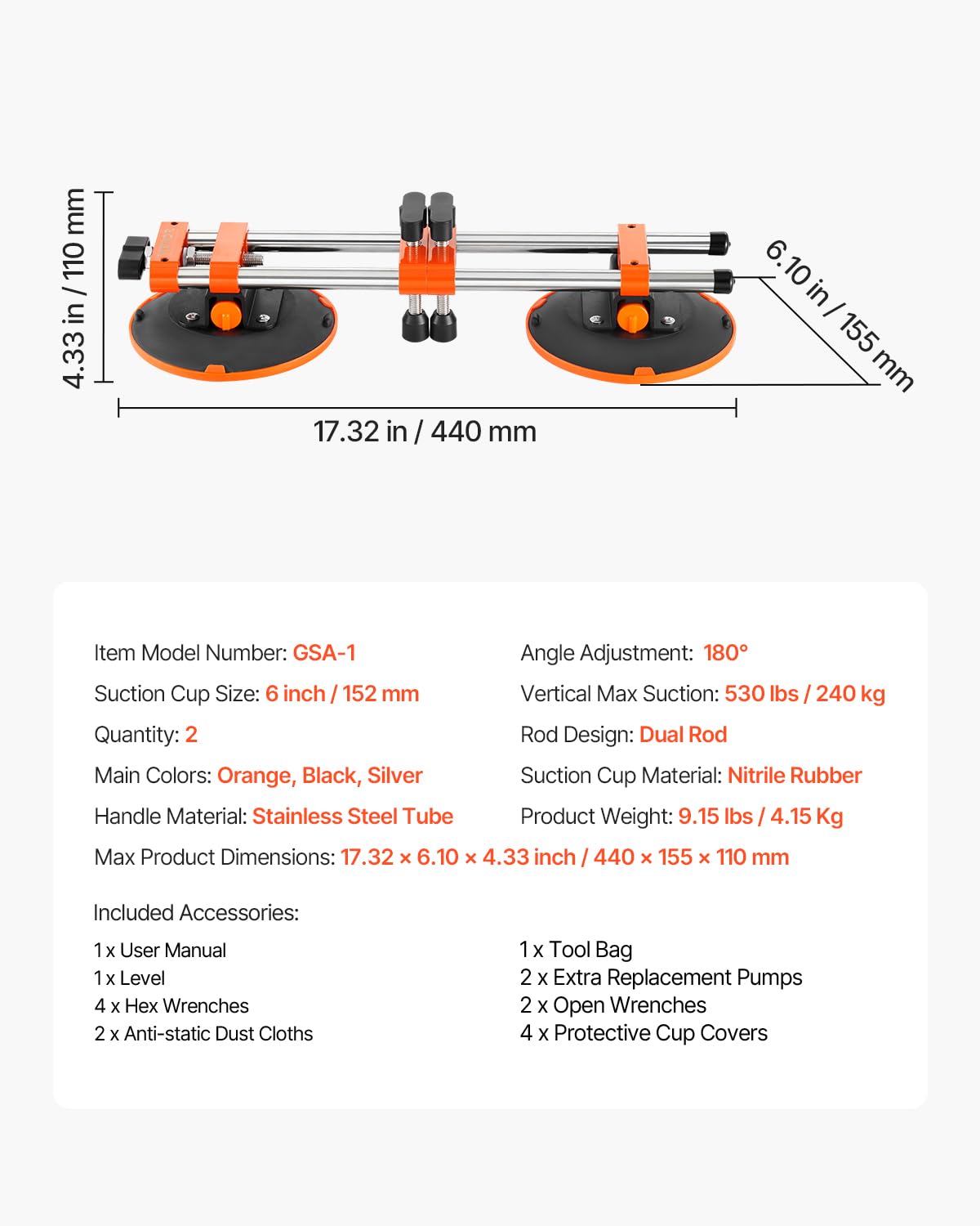 VEVOR Seamless Seam Setter 2 Packs with 6 in Vacuum Suction Cups for Seam Joining & Leveling, 530LB Professional Countertop Installation Tool for or Granite, Stone, Marble,Tile Gap Regulator Orange
