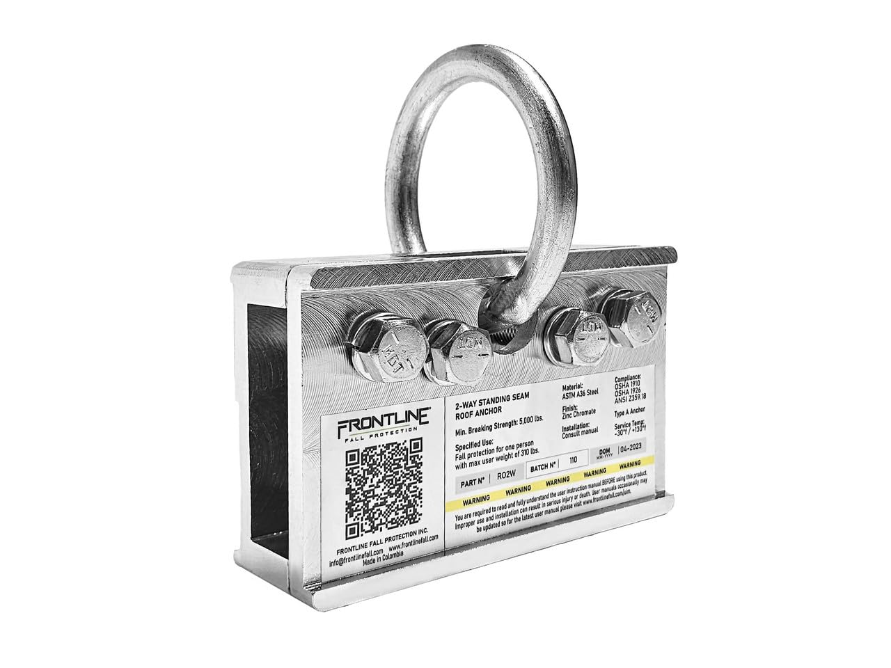 Frontline RO2W 2-Way Standing Seam Roof Anchor Clamp | Rugged, Reusable & Compact | OSHA & ANSI Compliant Steel anchor | Strength Rating: 5,000 lbs | Bolts and washers included