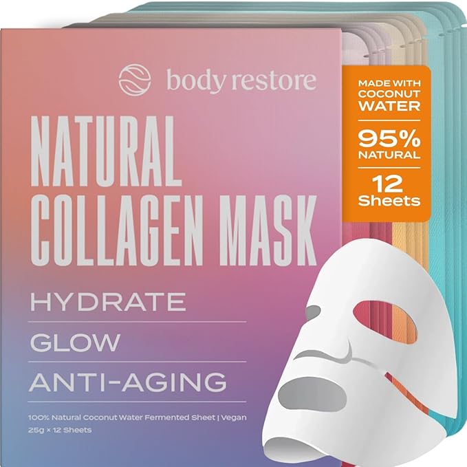 Body Restore Natural Collagen Face Mask 12 Pack ??Korean Skin Care Mask with Fermented Coconut Water, Christmas Stocking Stuffers, White Elephant, Birthday Gifts for Women & Men, Dry Skin - Variety