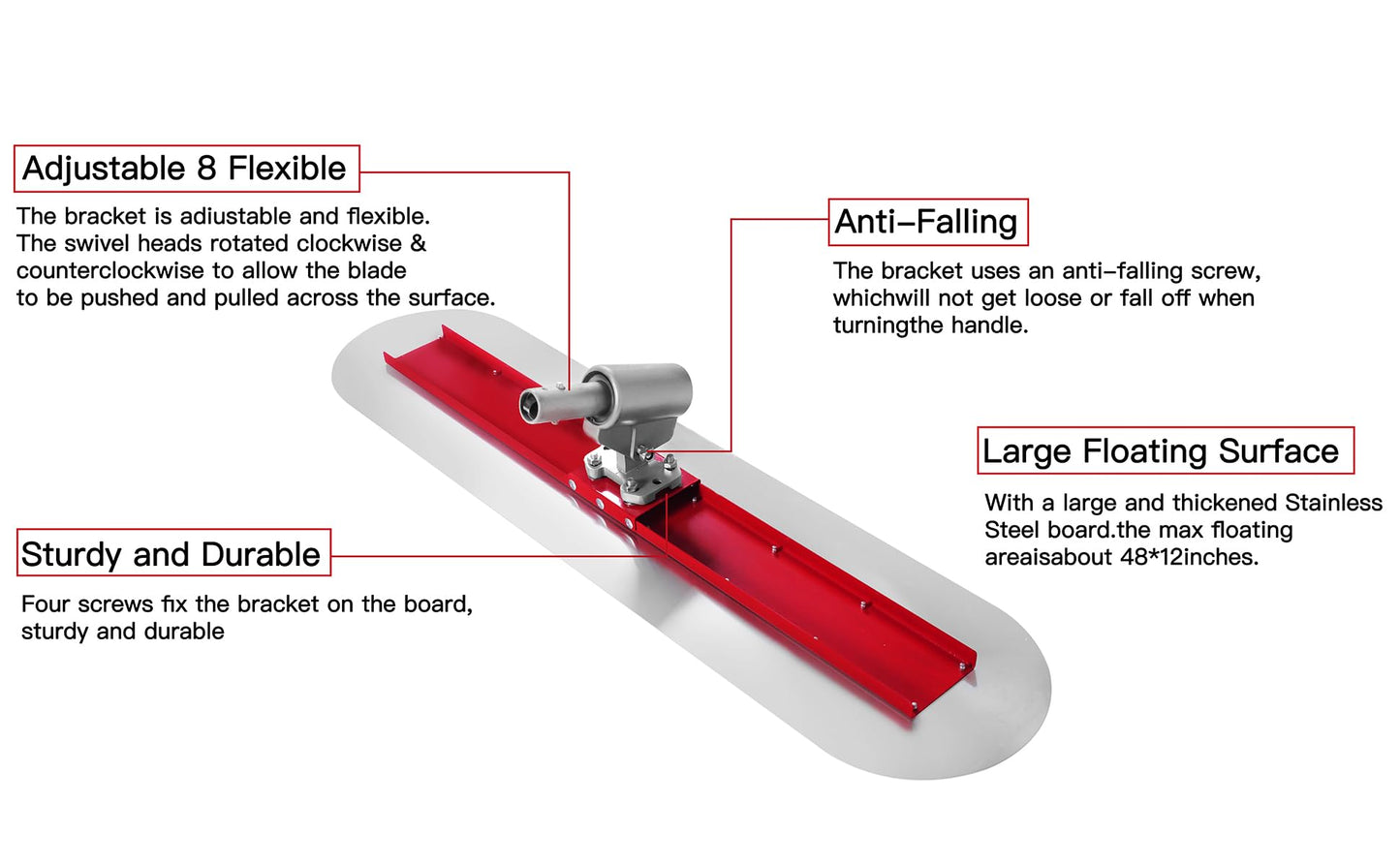 Bull Float Concrete Bull Float Tool Kit 48"x12" Fresno Round End Stainless Steel Board Kit Tool Cement Trowel Tools Float Bracket Concrete Finishing Tools With 48" Aluminum Alloy Handle x4 VOYAR