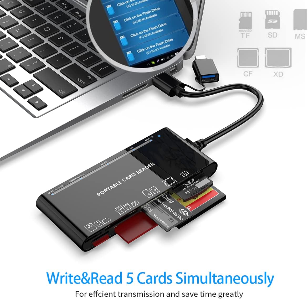 Rocketek USB3.0 7 1 USB C Multi Card Reader for SD, CF, Micro SD, XD, MS Cards - in Adapter Hub for Windows, Mac