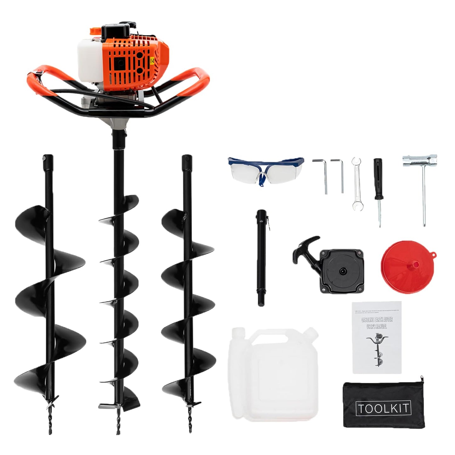 Auger Post Hole Digger, 52CC 2-Stroke 1700W Gas Powered Earth Post Hole Digger Fence Earth Auger Single Cylinder Air-Cooled Post Hole Digger with 3 Auger Drill Bits 4" 6" 8" for Farm Garden Plant