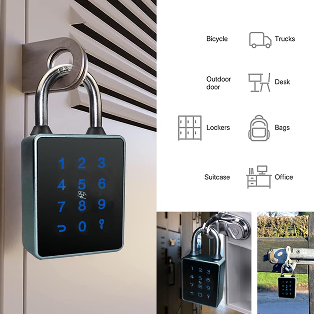 Combination Smart Padlock with Key Backup, Bluetooth Touchscreen Keypad Electronic Padlock App Controlled, Waterproof, 7.5mm Schackle Suitable for Gate Gym Warehouse Suitcase School Fence