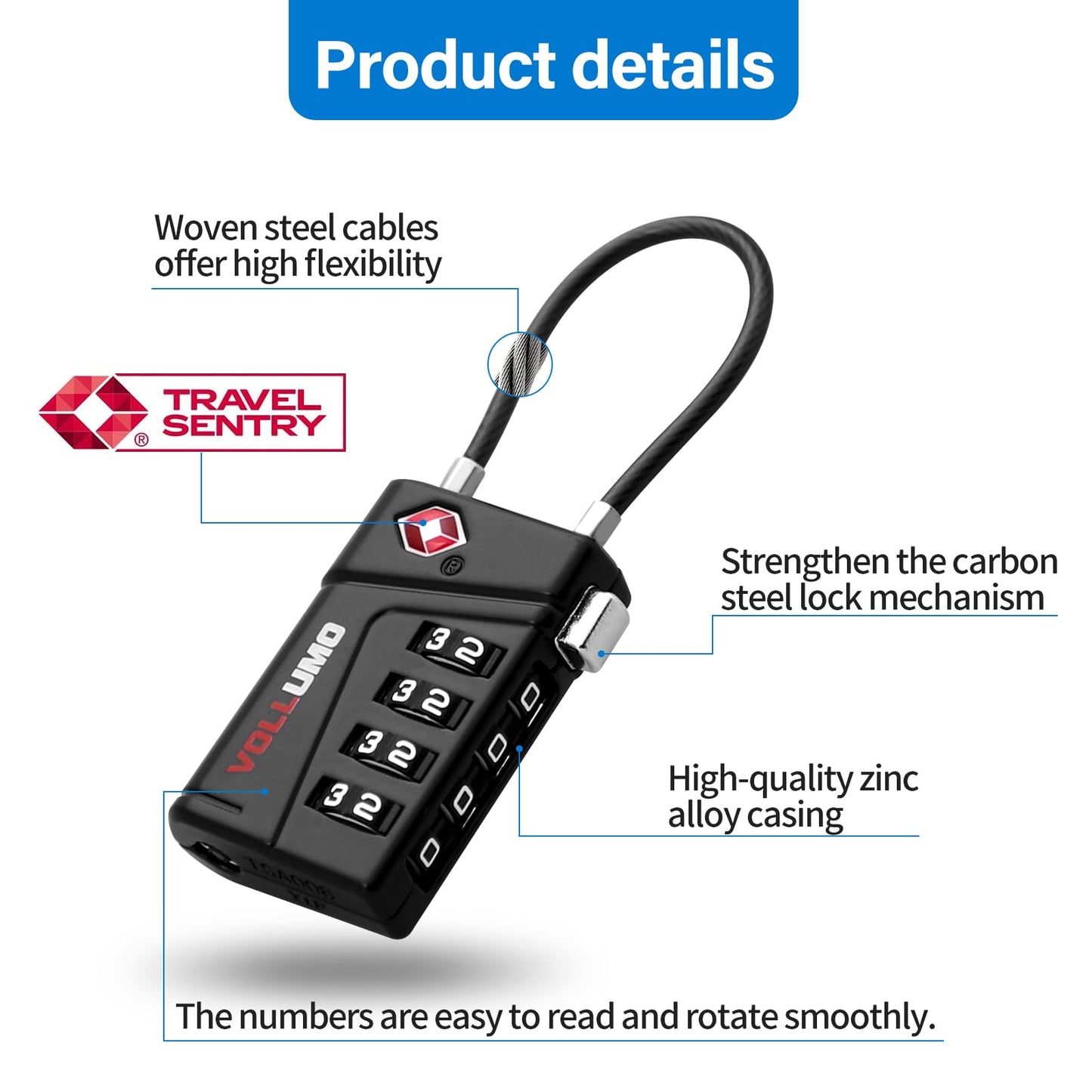 Vollumo TSA Approved Luggage Lock, 4-Digit Combination Cable Lock, Heavy Duty Travel Suitcase Lock with Flexible Steel Cable, for Backpack, Locker, Bag(Black（2-Pack）)