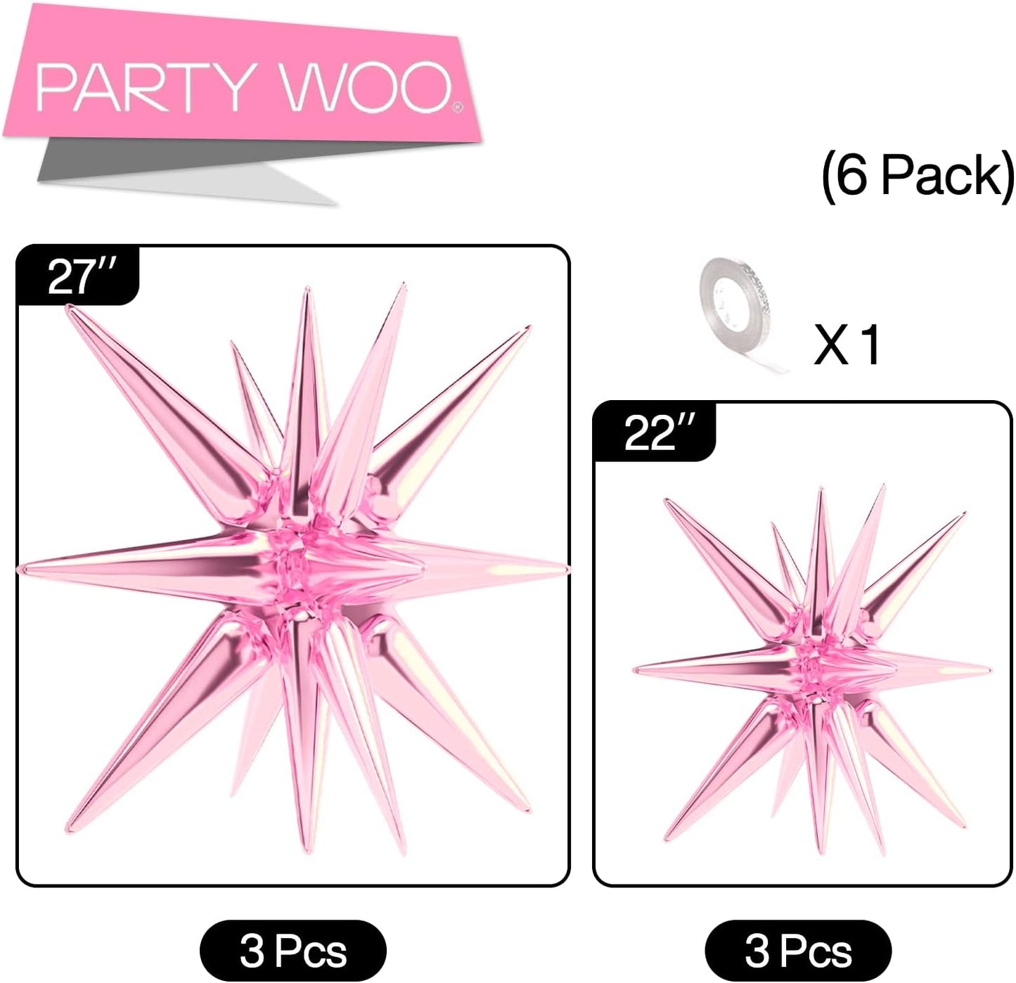 PartyWoo Pink Star Foil Balloons - 6-Piece Mylar Set for Birthday, Gender Reveal & Weddings | 22-Inch