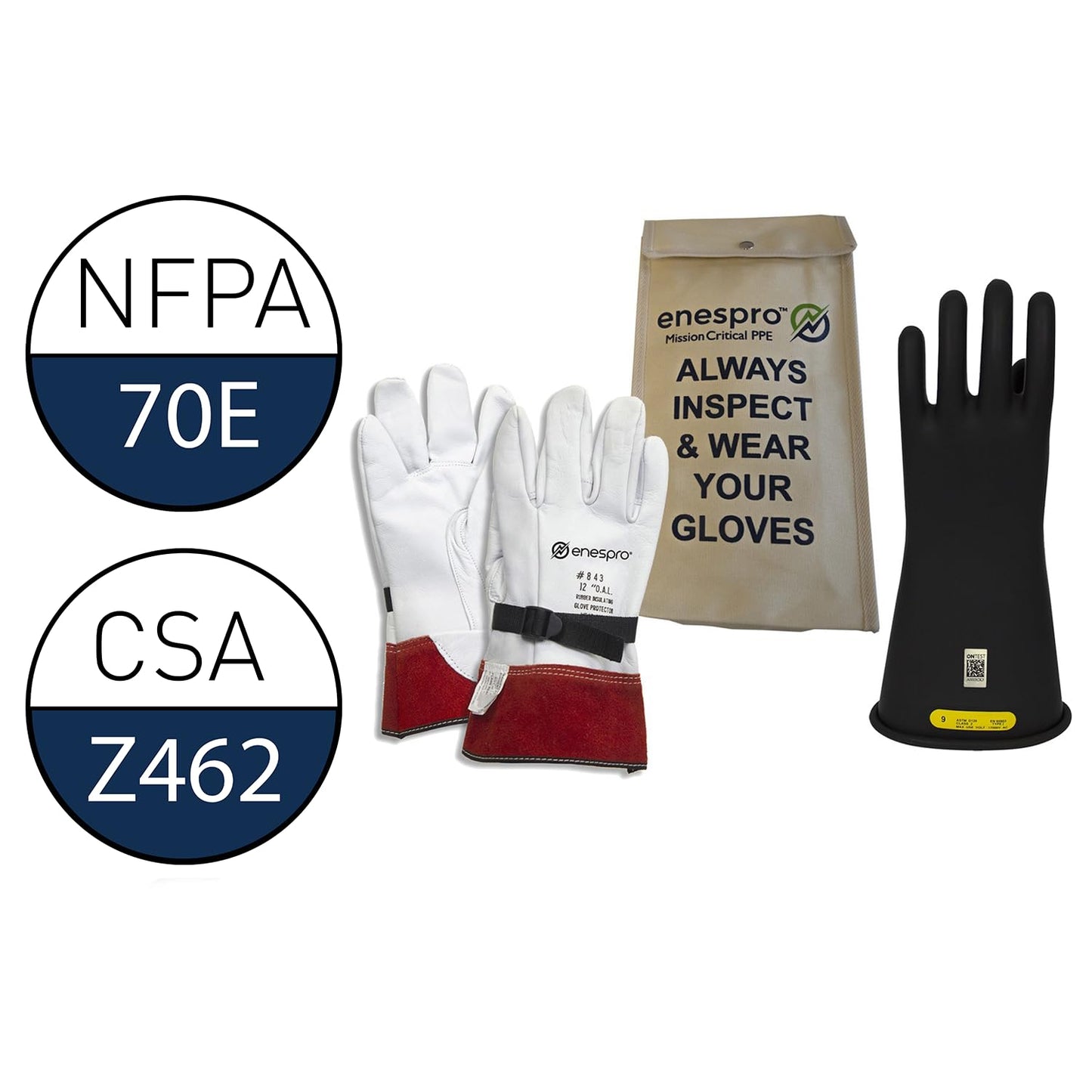 Enespro Class 2 Electrical Gloves Kit, 17,000V AC / 25,500V DC Black Insulated Rubber Gloves with Leather Protectors, Electrical Work Gloves for Linemen, and Utility Workers