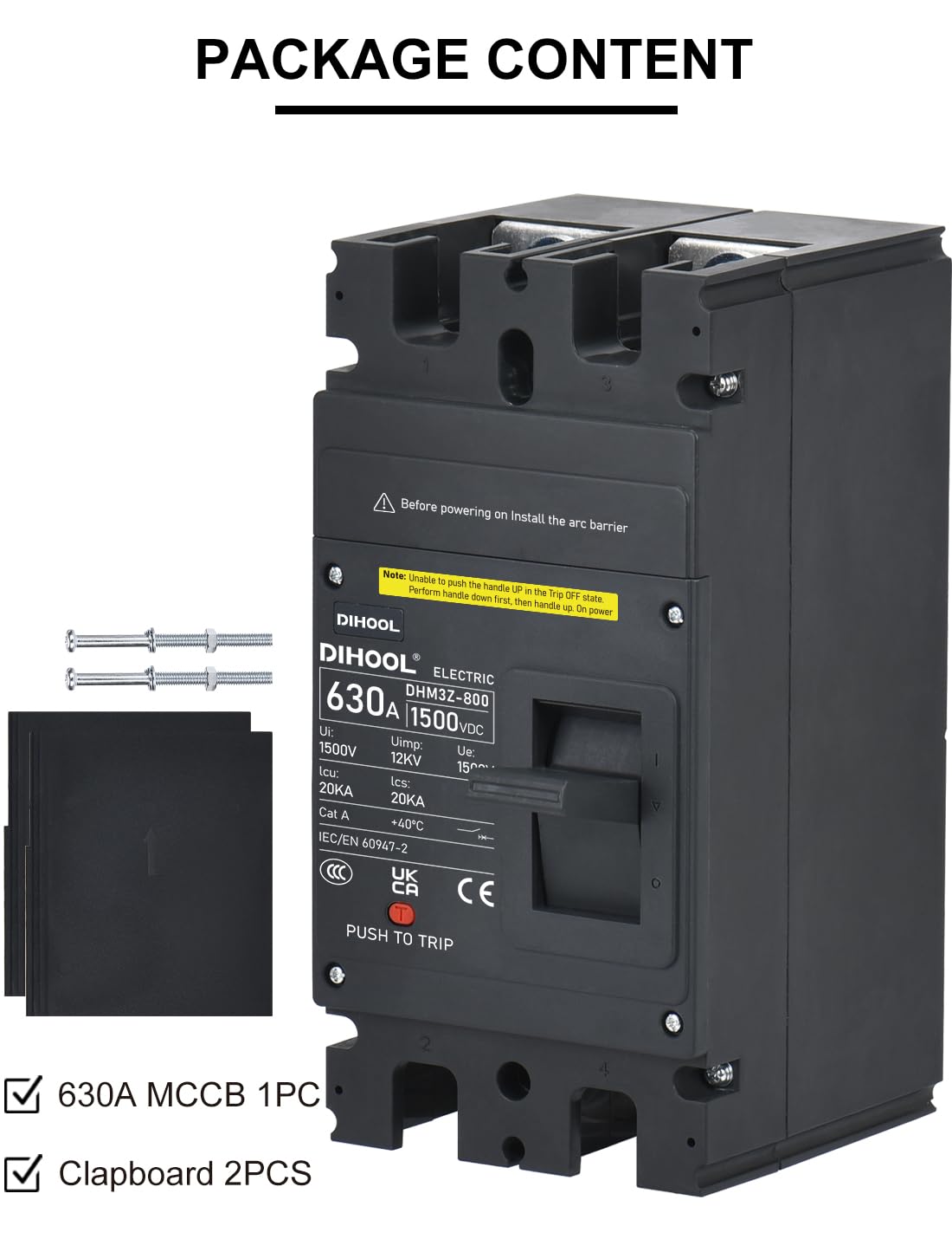 DIHOOL 630 Amp DC Circuit Breaker,2P 1500V 20kA,Heavy Duty Battery Disconnect Switch with Thermal Magnetic Trip for Solar System