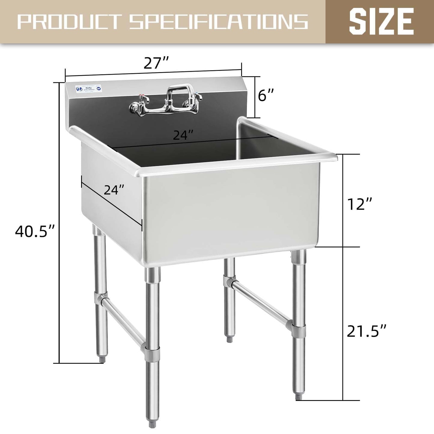 HALLY Commercial Stainless Steel Sink 1 Compartment NSF Prep & Utility Sink with 8" Faucet 24" L x 24" W x 12" D Bowl for Bar, Restaurant, Kitchen, Hotel and Home