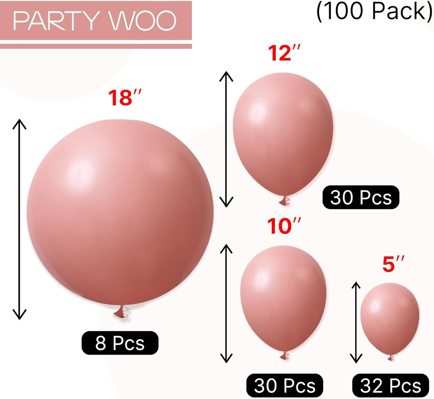PartyWoo Dusty Pink Balloons - 100pcs Blush Pink Balloon Arch Kit for Baby Shower & Birthday Decor | Various Sizes