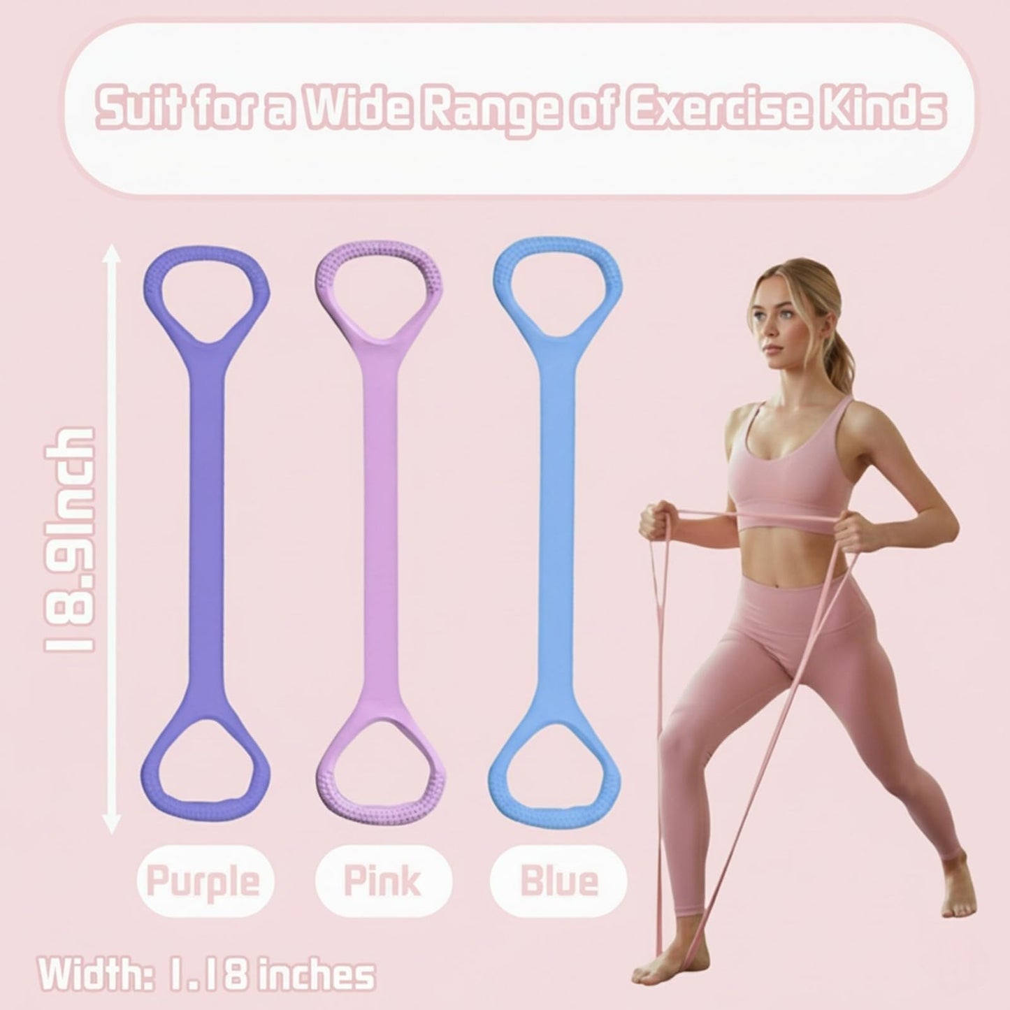 Figure 8 Fitness Resistance Band, Exercise Resistance Bands for Women, Resistance Bands with Handles for Arms, Back, Shoulders, Legs and HIPS Working Out (3Pcs)
