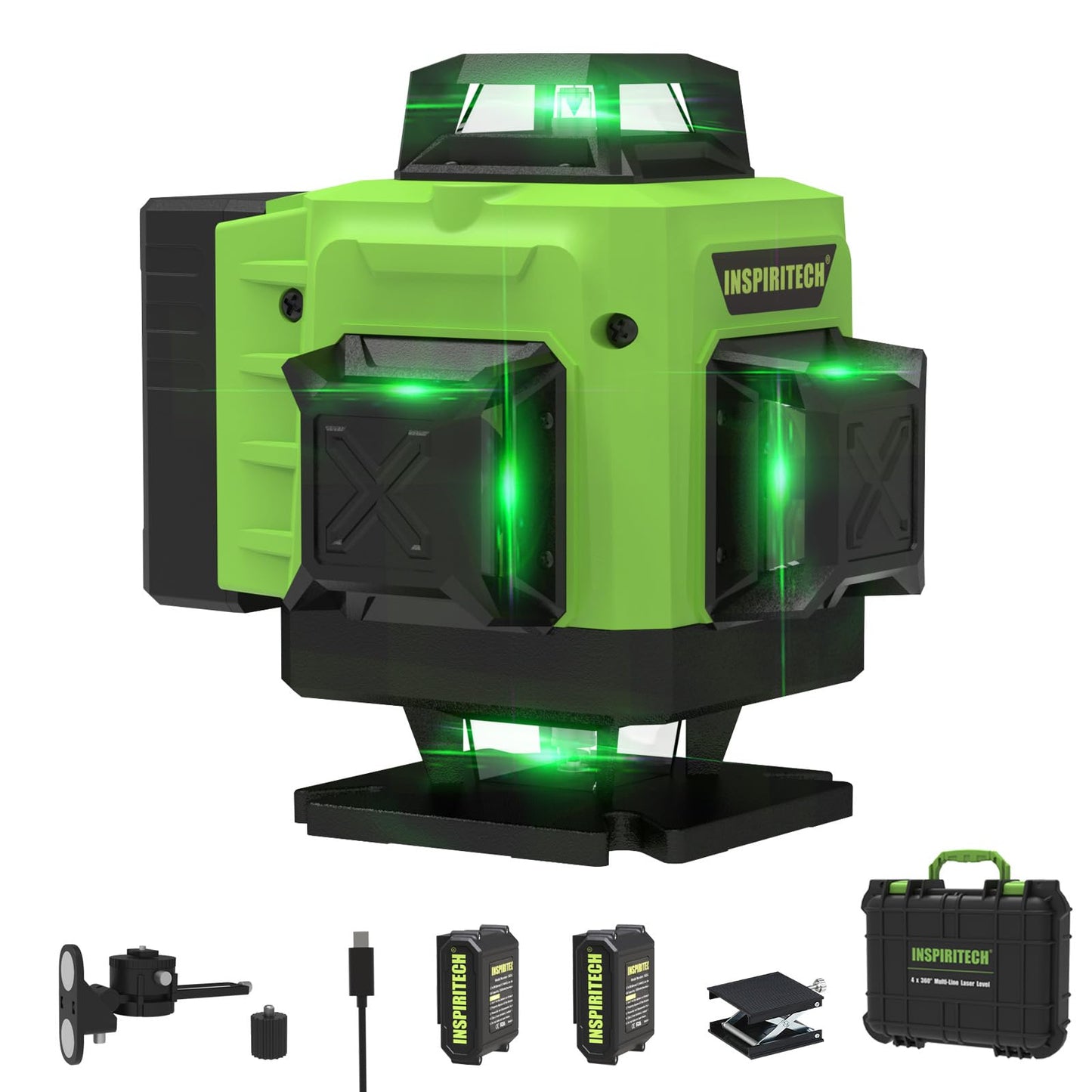 INSPIRITECH Laser Level 360 Self Leveling for Tiling Floor Wall Ceiling Construction, 4x360 Horizontal Vertical Cross Line Multi Surface Lazer Alignment, 4D Green Beam Laser Level for Picture Hanging