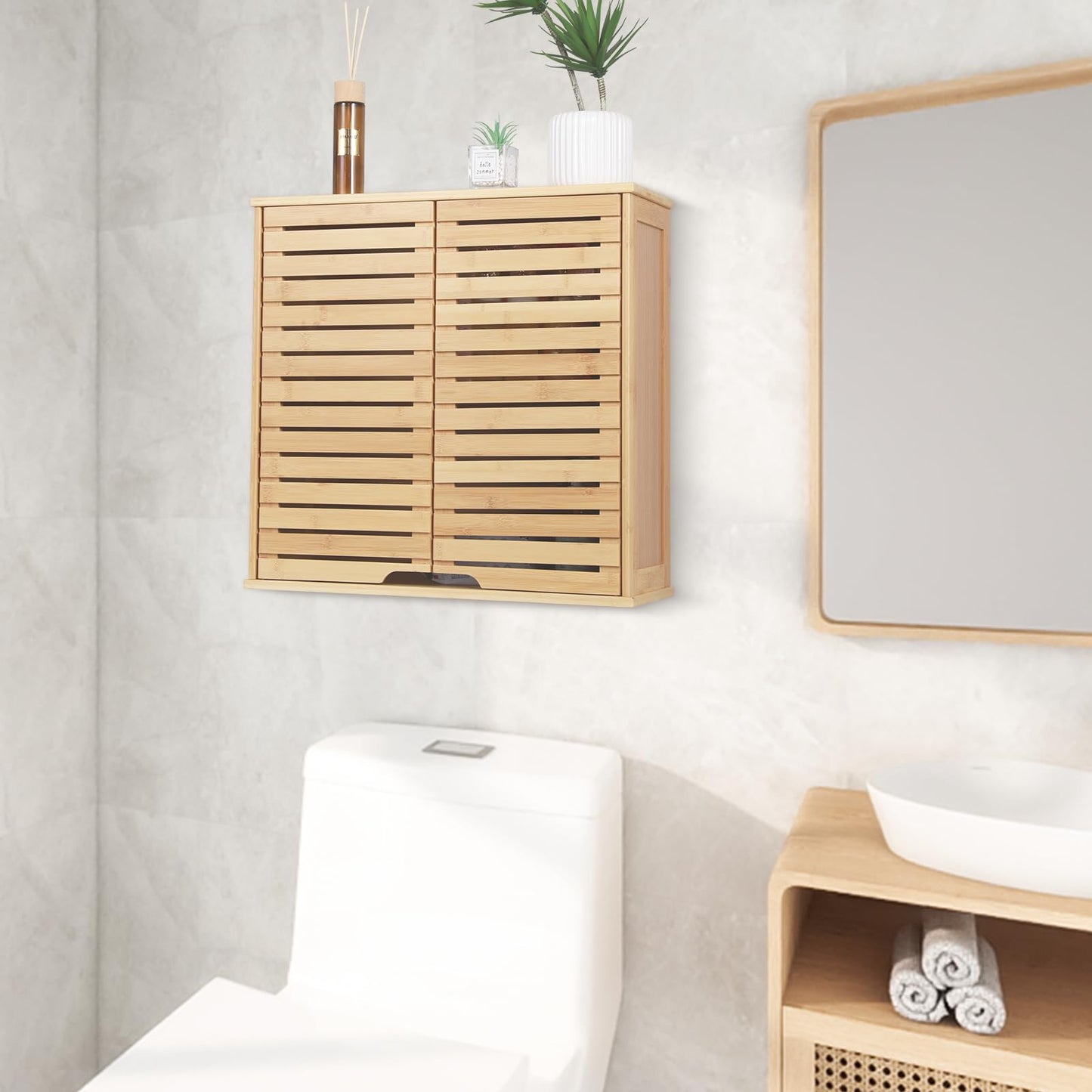 HYNAWIN Bathroom Wall Mounted Bamboo Storage Cabinet with Double Doors, 2-Tier Adjustable Shelf, Over Toilet Organizer for Bathroom, Kitchen, Entryway