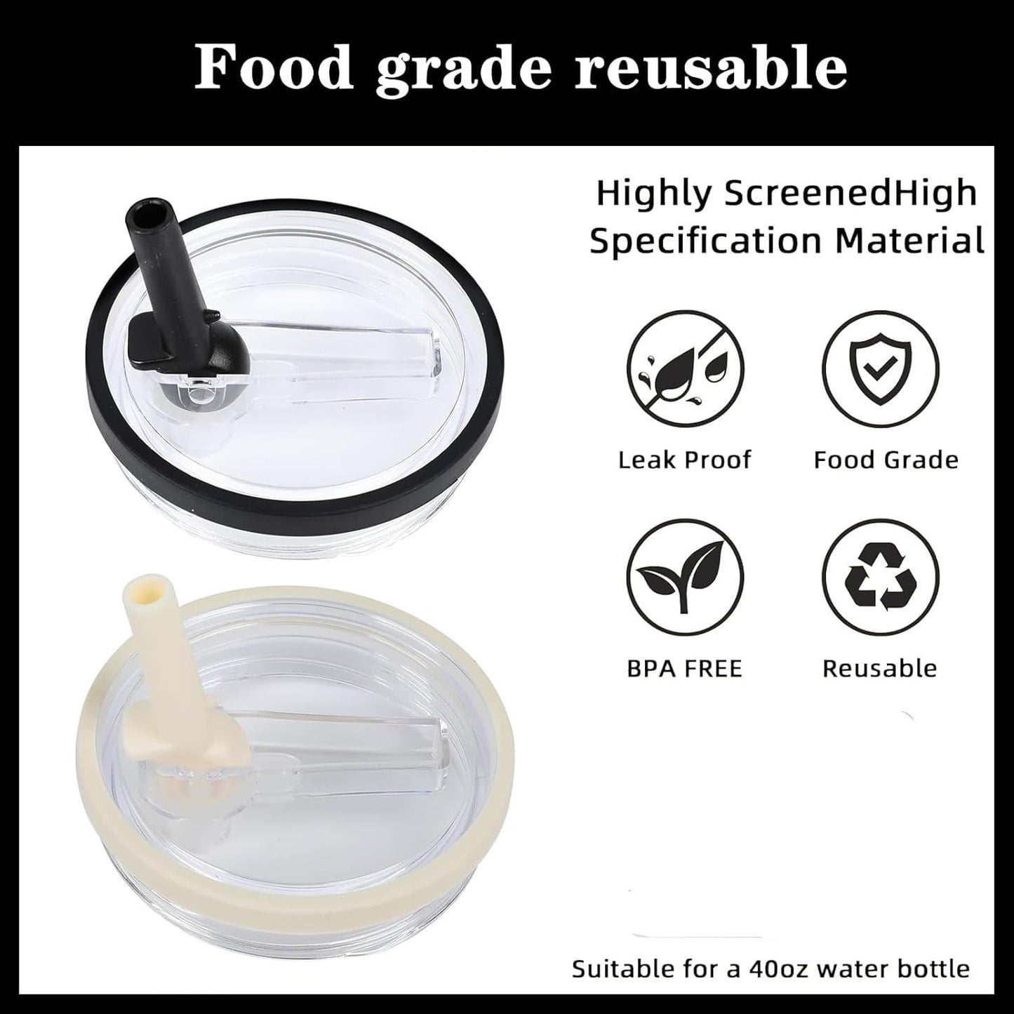 2 Pack 40 oz Tumbler Flip Straw Lid Replacement fit for HydroJug(Only), Spill Proof Splash Resistant Tumbler Lids,Reusable Leak Proof Tumbler Cover for Cup Accessories (Black)