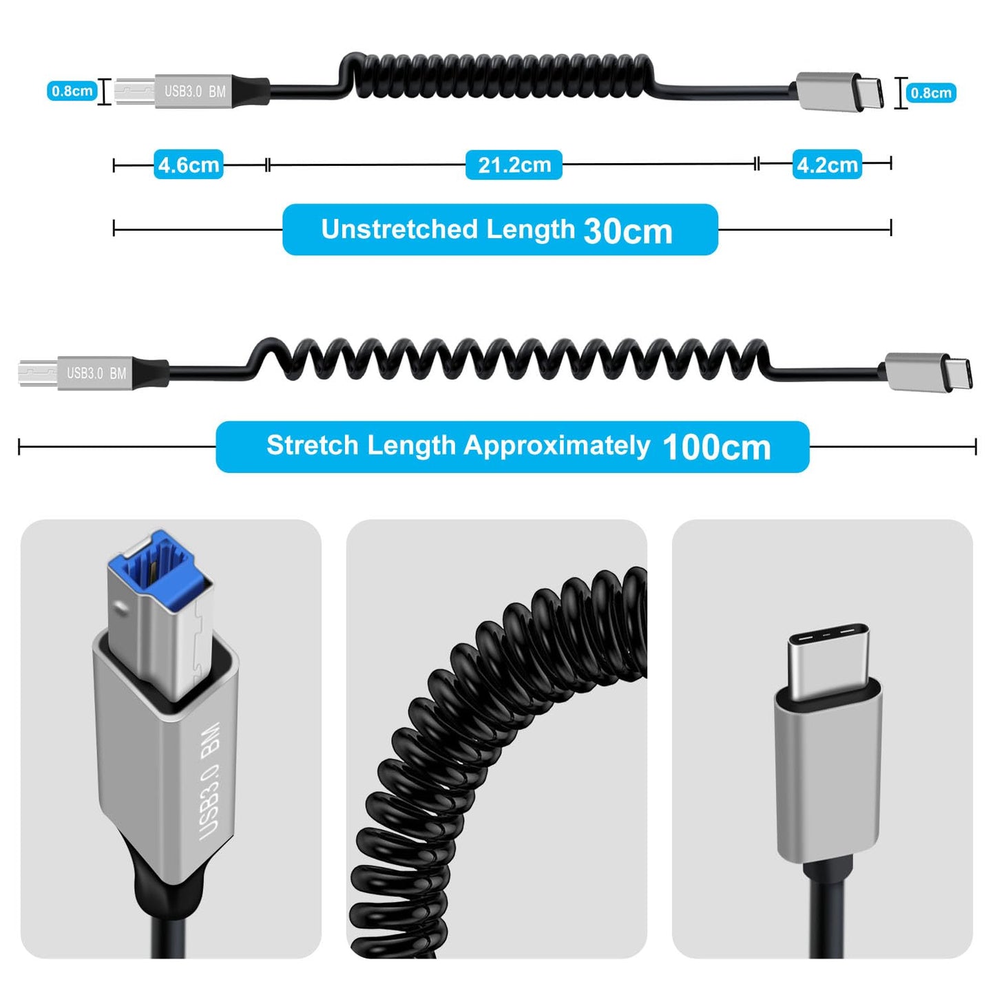 YINGAYOU 3.0 5Gbps, 1 Coiled USB c to B Printer Cable Coiled USB Printer Cable Super Speed for Scanner, External Hard