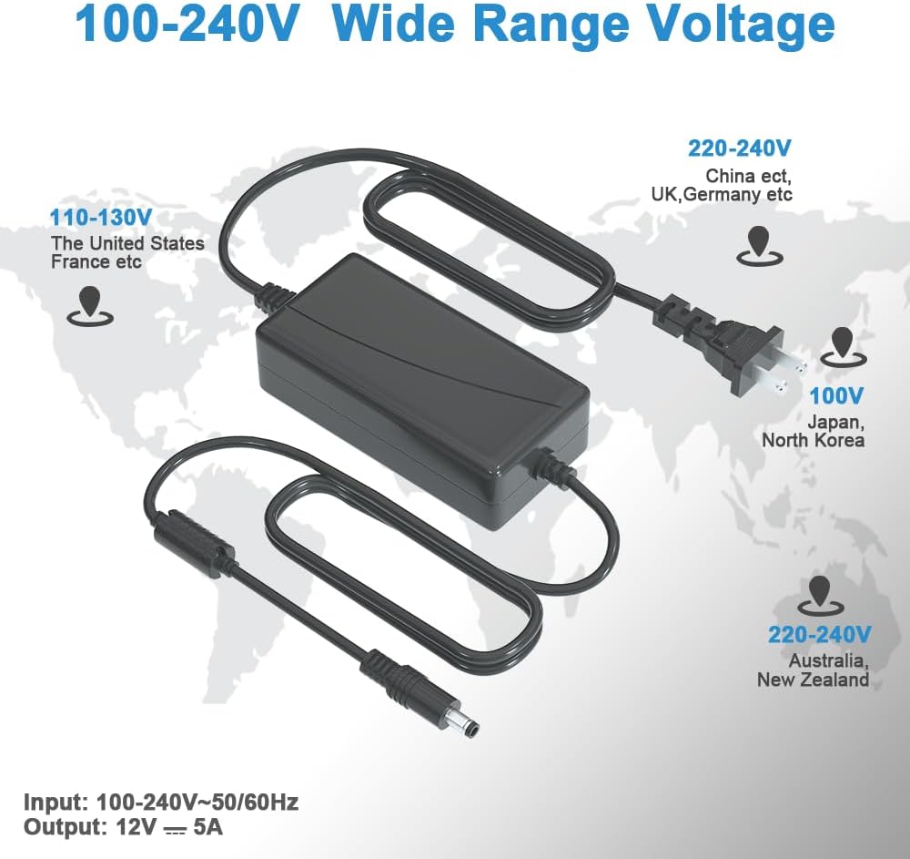 ZYHKJYL 12V 5A 60W 100-240v, 5.5x2.5mm Power Supply for LED Light Strips(with a Female DC Connctor), Security Camera