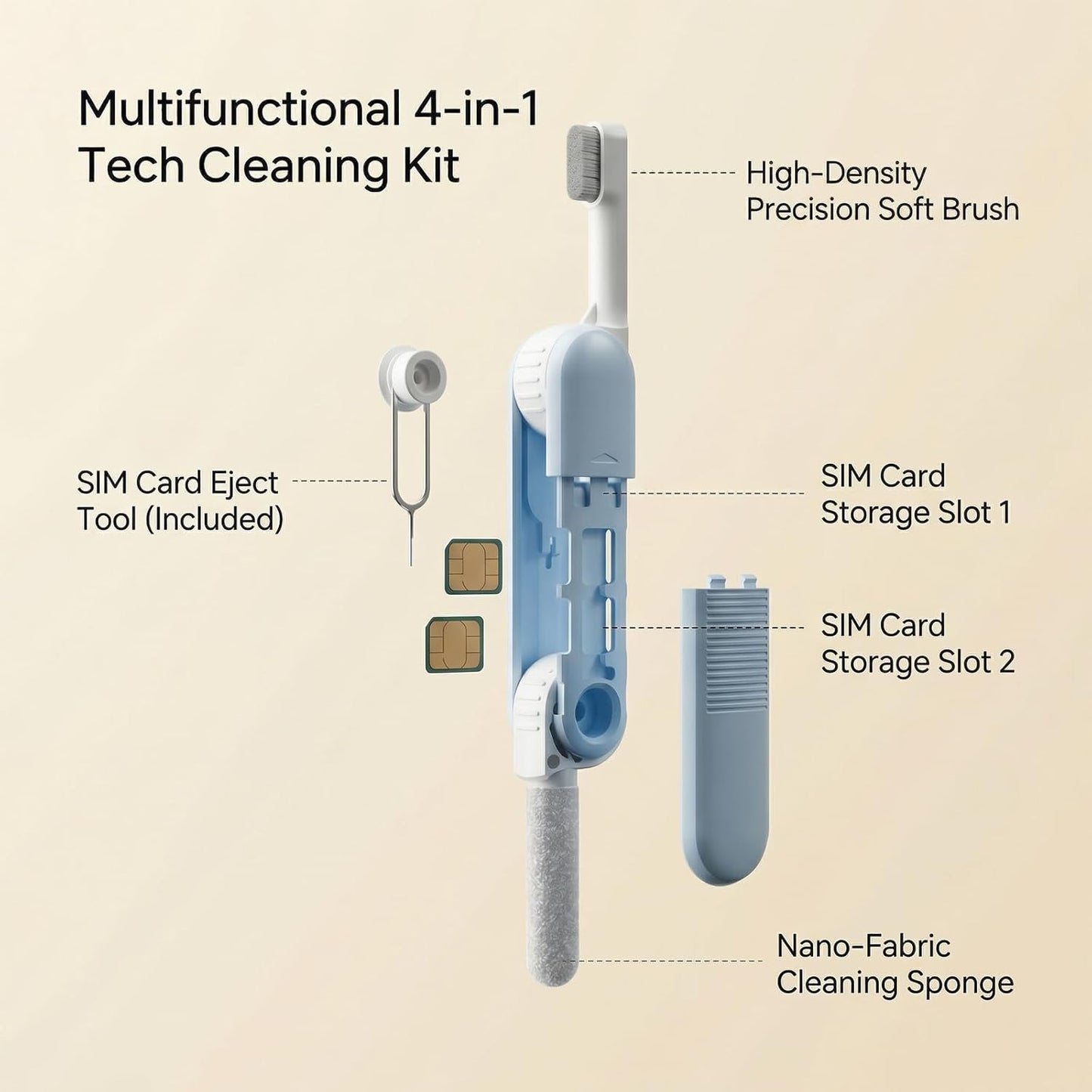 3-in-1 2.8in Electronic Cleaning Kit for Earbuds Phone, Cleaner Tool with High-Density Brush SIM Ejection Pin, Portable