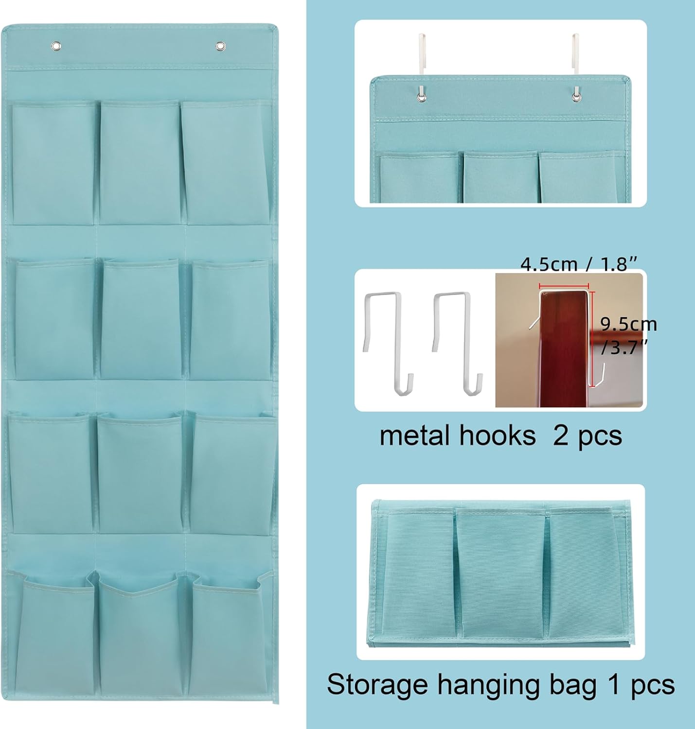 Skiennix Over The Door Shoe Organizer - 12 Large Pocket Hanging Rack for Closet | Light Blue