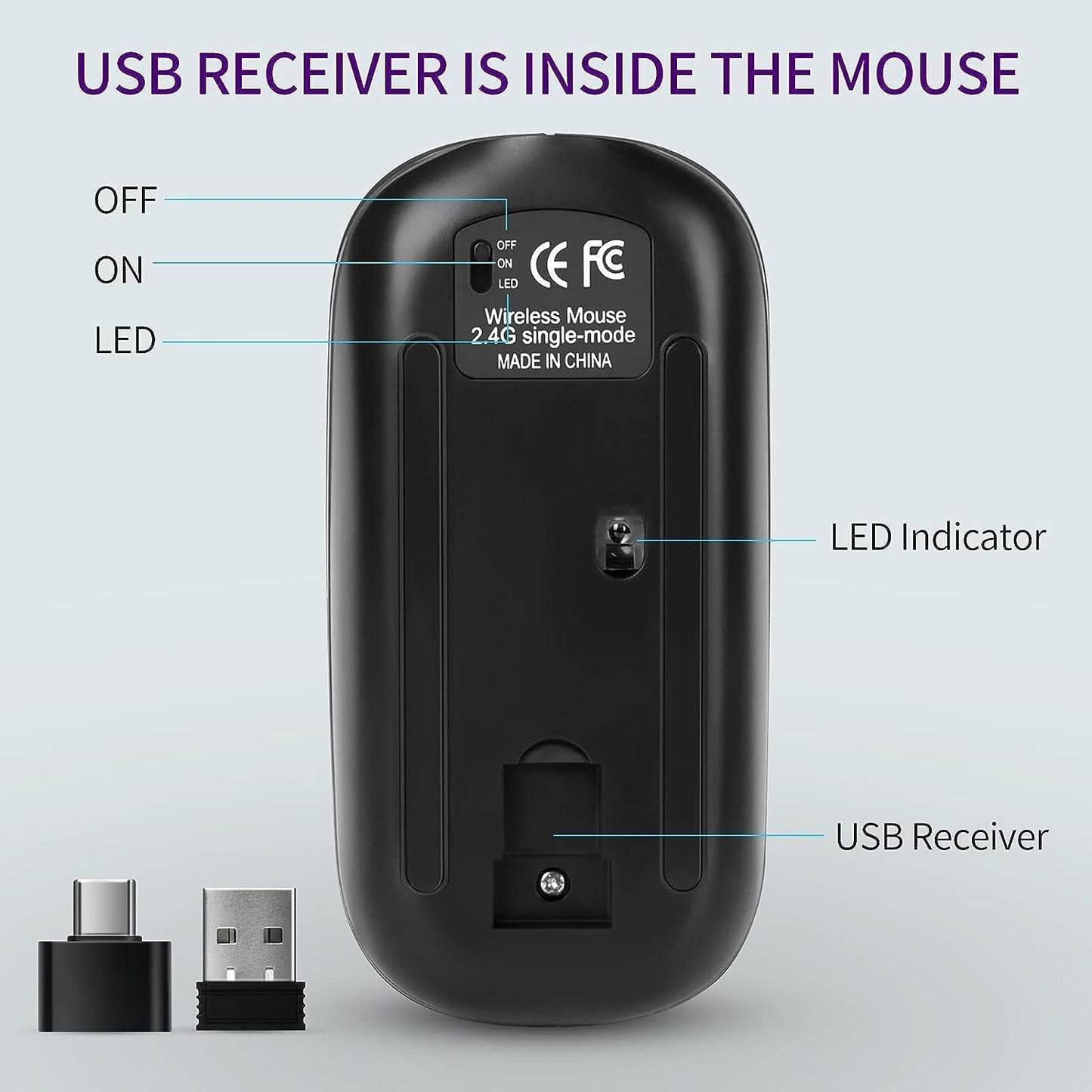 KBCASE 2.4G Wireless Mouse, LED Wireless Mouse for Laptop, Slim Silent Mouse Rechargeable Wireless Computer Mouse