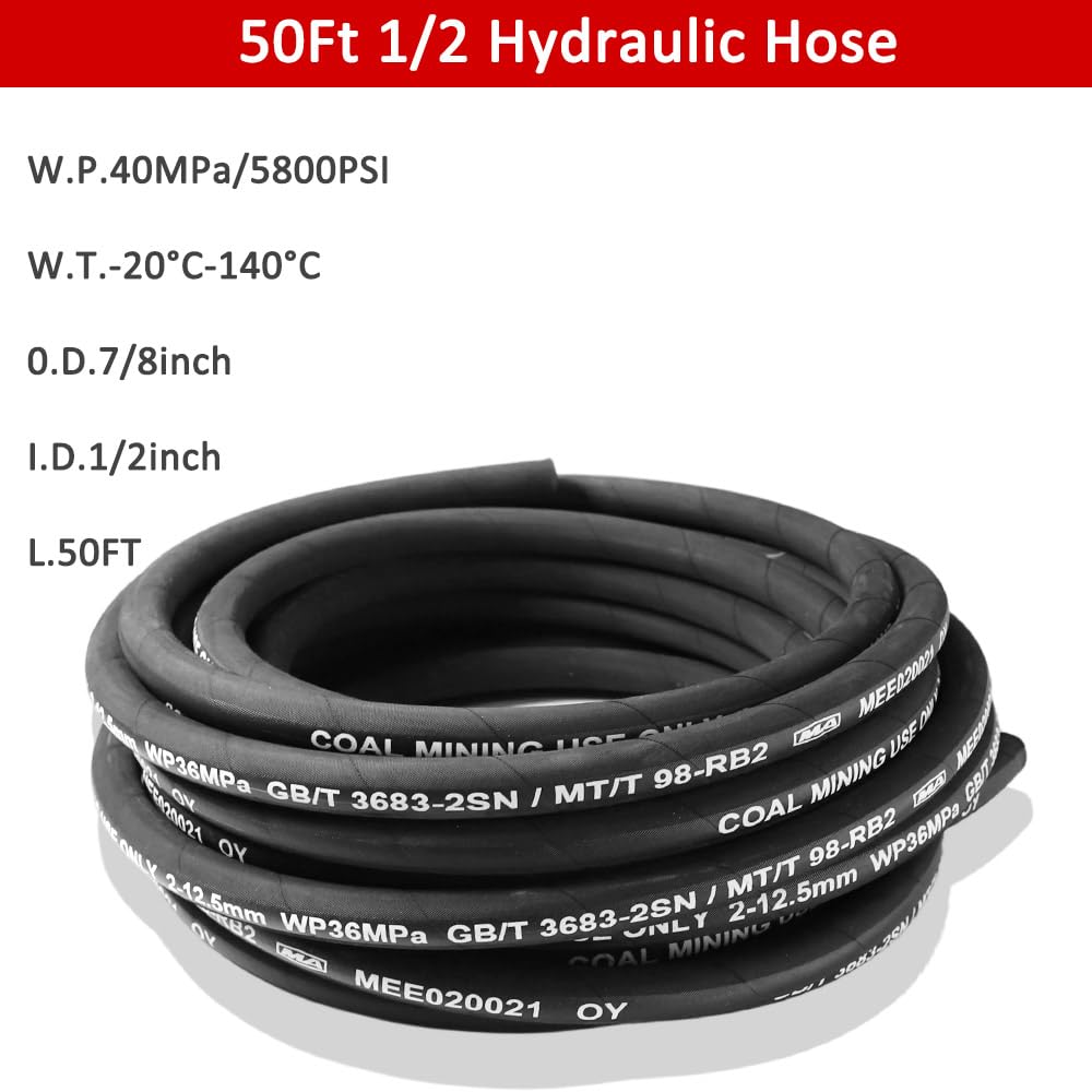 FUZIDDN 50Ft 1/2 Inch Hydraulic Hose & Fittings Kit, 20PCS JIC 37° & NPTF Fittings, 5800 PSI High Pressure Hydraulic Hose, Replacement for Excavator, Tractor, Loader Hydraulic System Repair