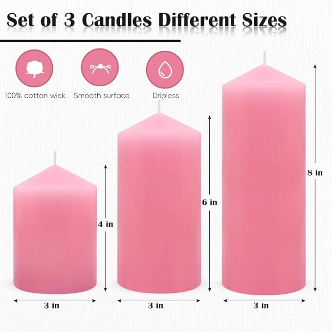 Unscented 3x4 3x6 3x8 Inch Pink Pillar Candles, 3 Packs Dripless Long Lasting Large Solid Pastel Colored Different Sizes Cylinder Column Candles for Home Table Decor Power Outage Emergency