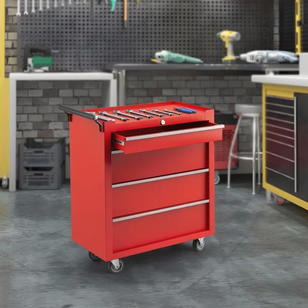 GarveeHome 4-Drawer Tool Chest, Rolling Tool Box with Wheels and Lock System, Portable Storage Rolling Tool Chest for Warehouse, Workshop & Repair Shop, Red