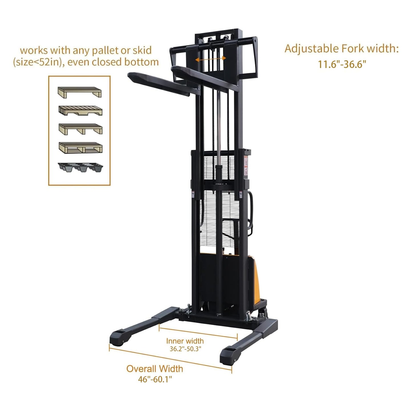 APOLLO Semi-Electric Stacker Pallet Jack Straddle Legs Forklift 3300lbs Capacity 98" Lifting Height with Adjustable Forks for Material Lift