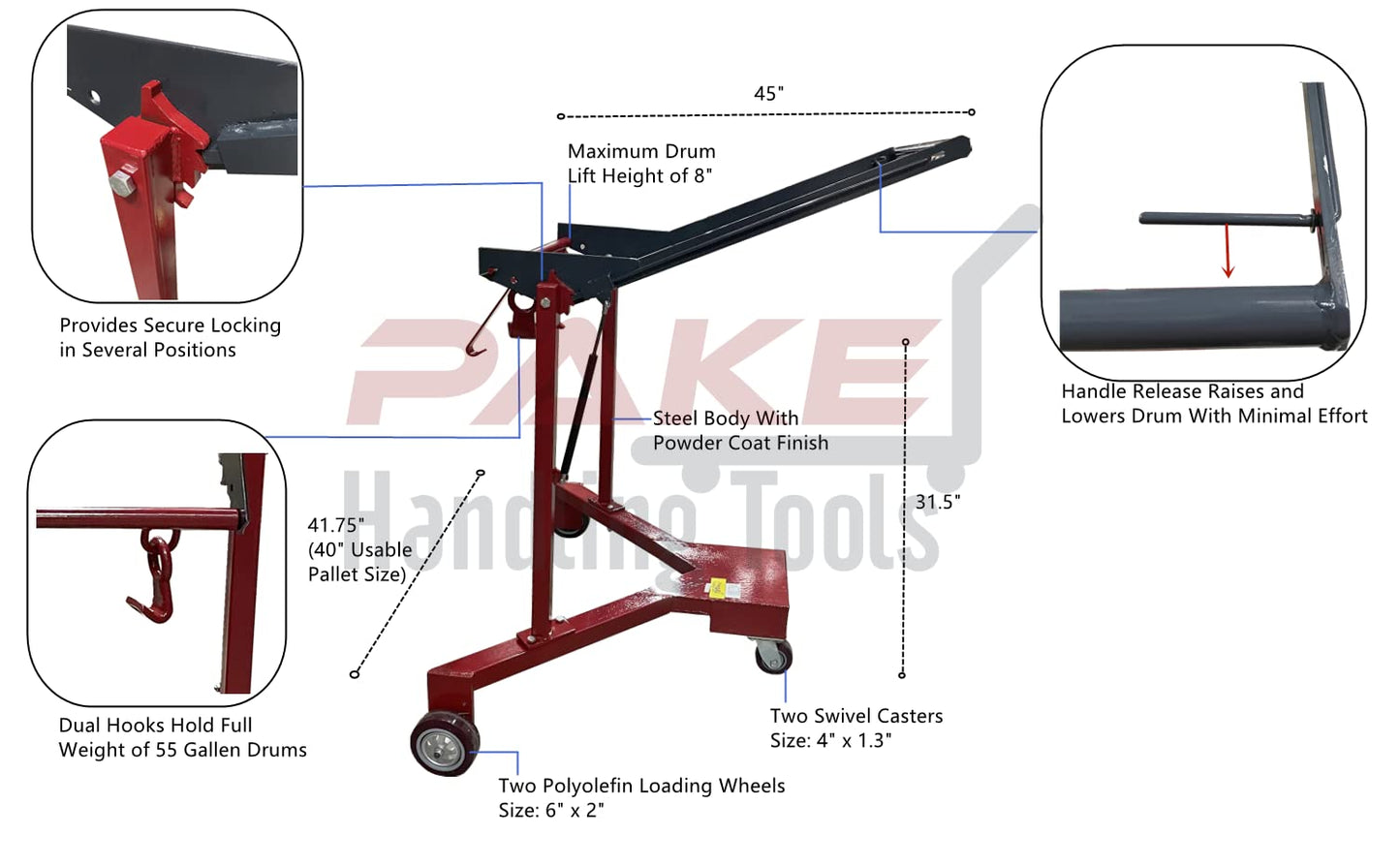 Pake Handling Tools - Drum Lifter/Palletizer, 800 lbs Capacity, for Rimmed 55 Gallon Drums