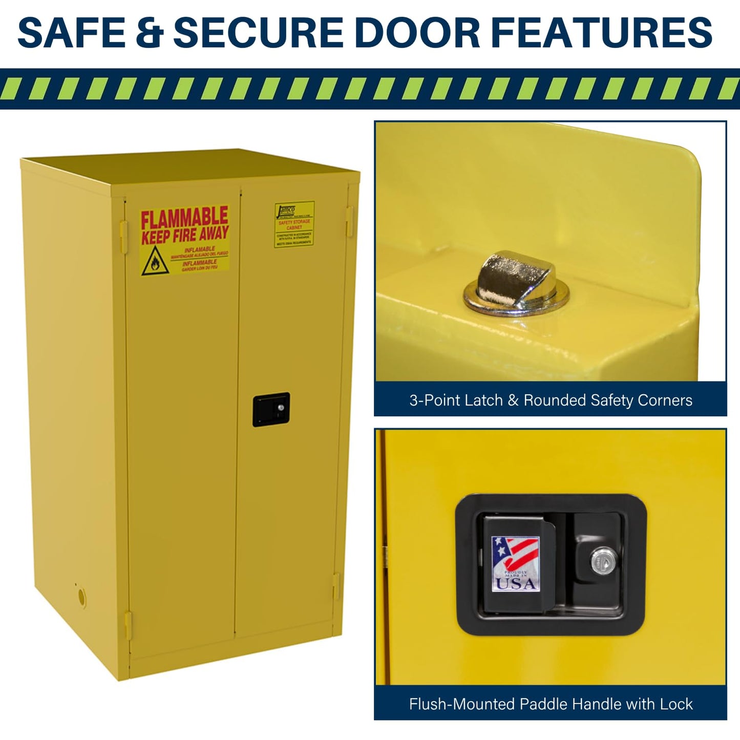 Jamco 60 Gallon Flammable Safety Cabinet, Steel Flammable Storage Cabinet with Lockable Manual Closing Doors, Non Forkliftable, 34" x 34" x 65", Yellow