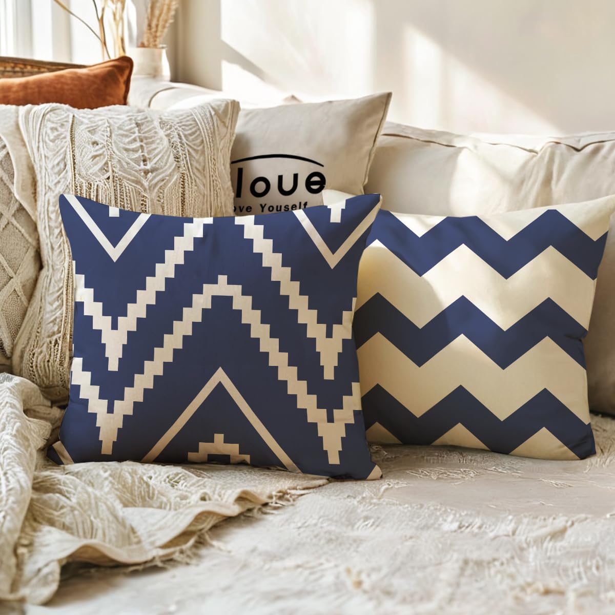 ULOVE LOVE YOURSELF Square Decorative Throw Pillows Cushion Covers Blue Beige Stripes Modern Geometry Print Home Pillowcases 18 X 18 Inch,4 Pack for Sofa Couch