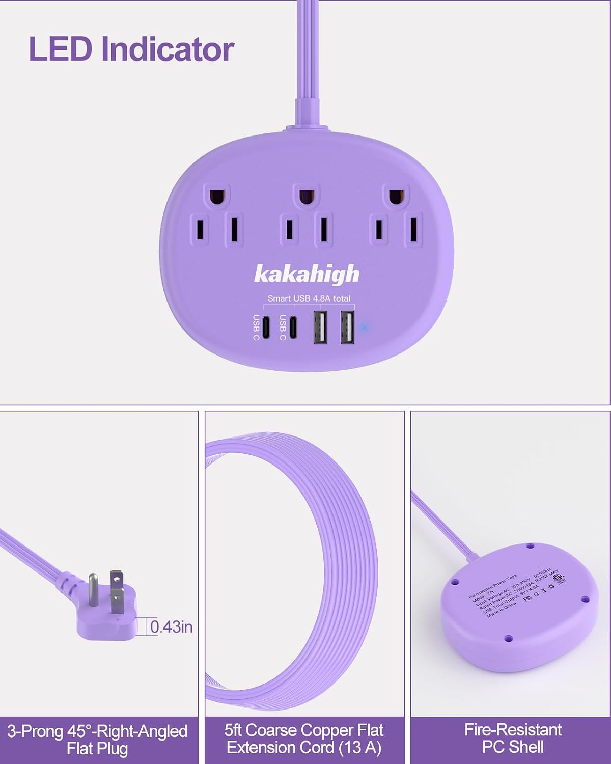 kakahigh 5 1625W 3 4 (24W/4.8A), Purple Extension Cord with USB C - FT Flat Power Strip, Cute Extension Cord with AC