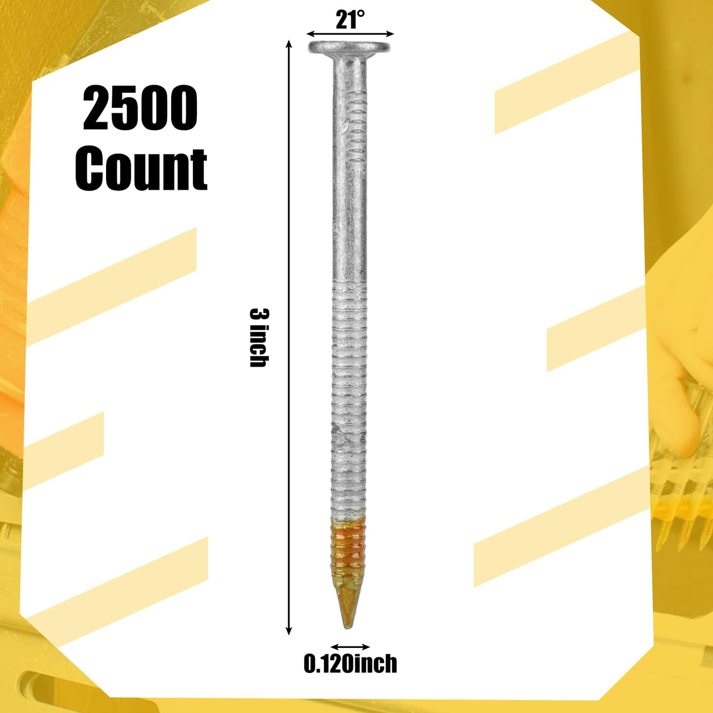 Therwen 2500 Count 3 Inch x 0.120 Inch Framing Nails, 21 Degree, Flat D Head, Galvanized, Ring Shank, Plastic Row Fixed, 21 Degree Framing Nails for Use in All Pressure Treated Lumber