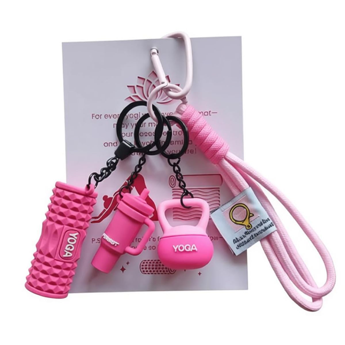 Pomelo Life Yoga Lover Wristlet Keychain - Bag Charms with Foam Roller, Kettlebell and Tumbler, Gift for Yogi Women & Fitness Enthusiasts (Pink)