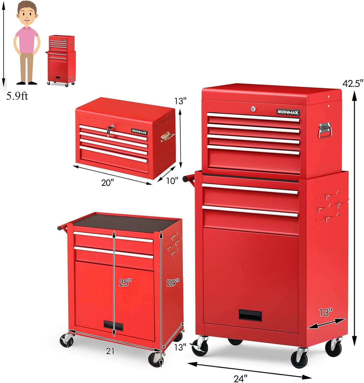 Goplus 6 Drawers Tool Chest, 2-in-1 Rolling Tool Box with Universal Lockable Wheels, Protective Liner, Detachable, Auto Lock, Metal Tool Storage Cart, Heavy Duty Tool Cabinet for Garage Shop