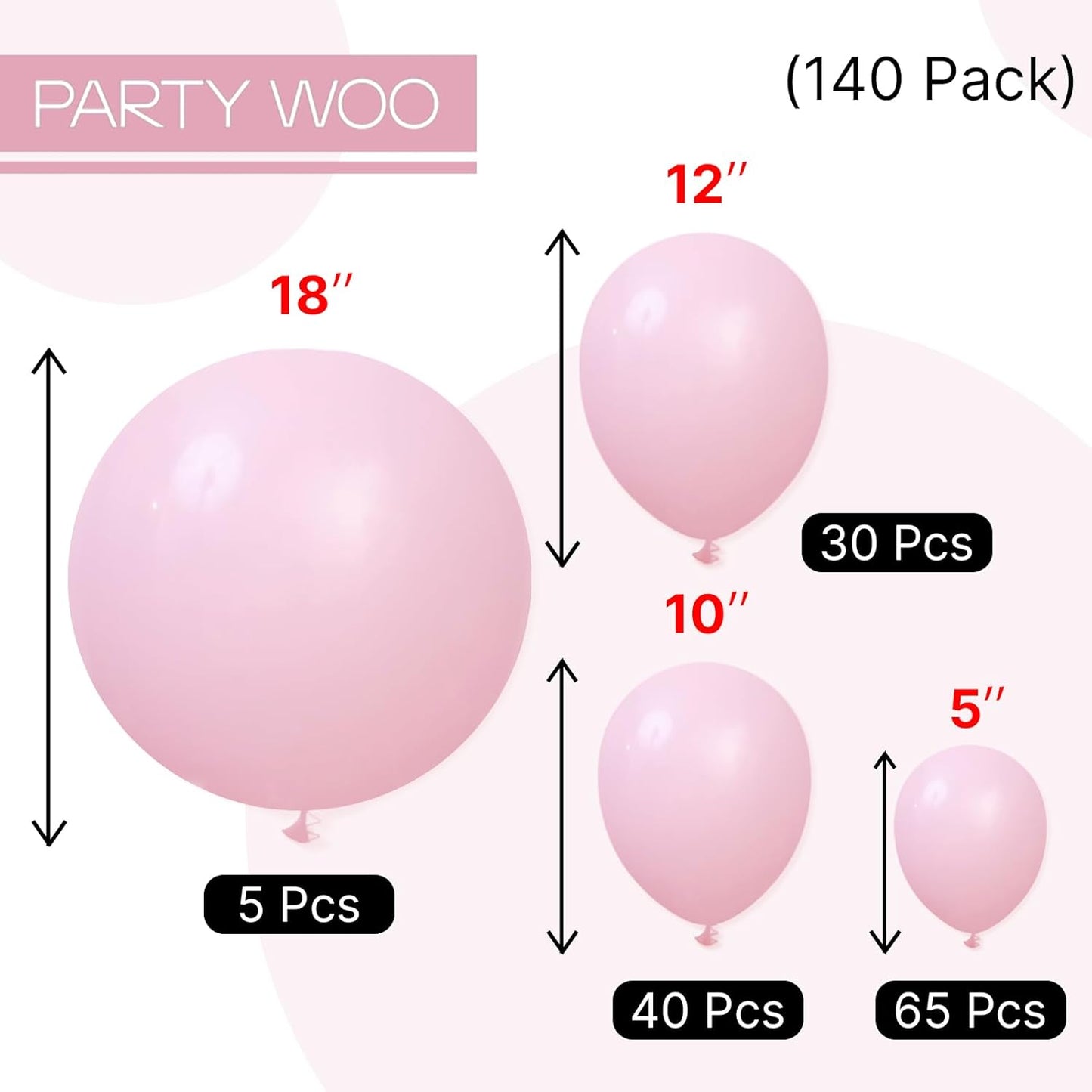 PartyWoo Light Pink Balloons - 140-Piece Pastel Balloon Arch Kit for Baby Showers & Birthdays | Various Sizes
