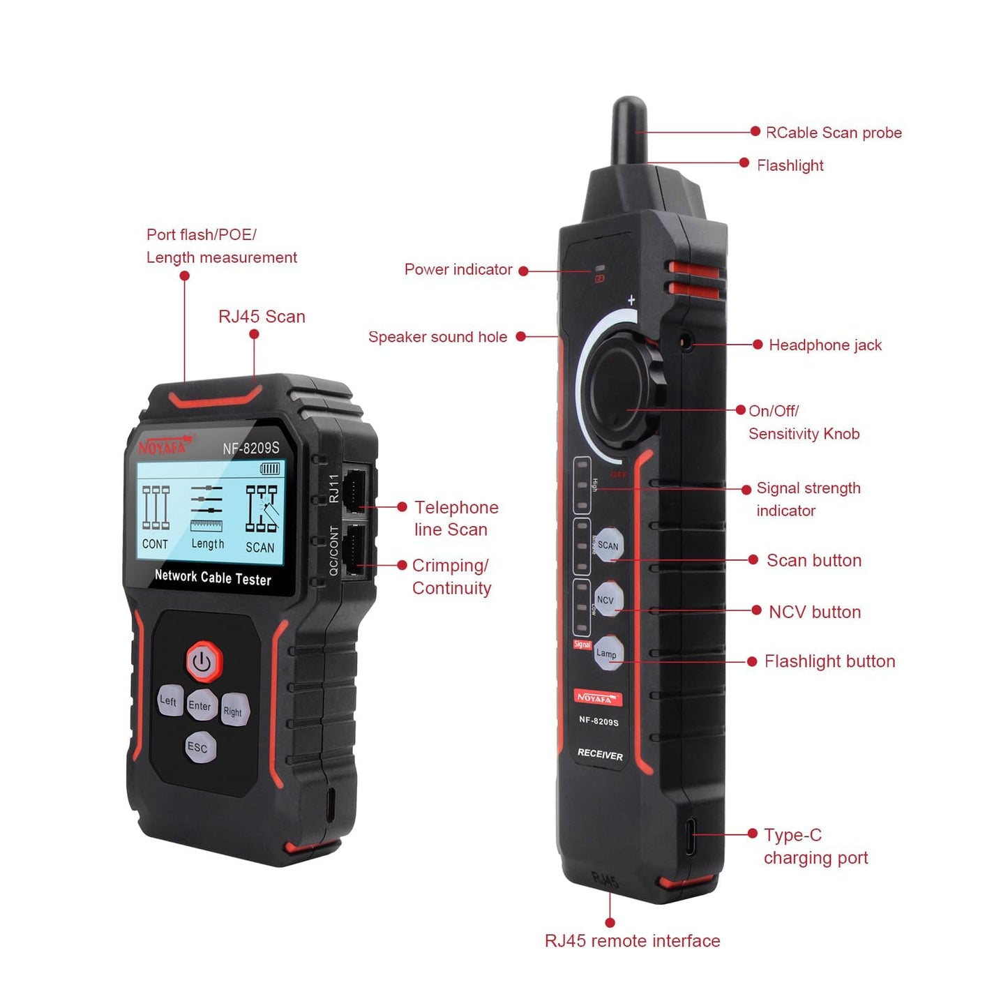 NOYAFA NF-8209S Network Cable Tester, Ethernet Cable Tester with CAT5, CAT6 Line Tracer, PoE, NCV, Length Test, Port Flashing, Fault Line Scan for Cable Grooming, LAN Network Cable Tracer Kit