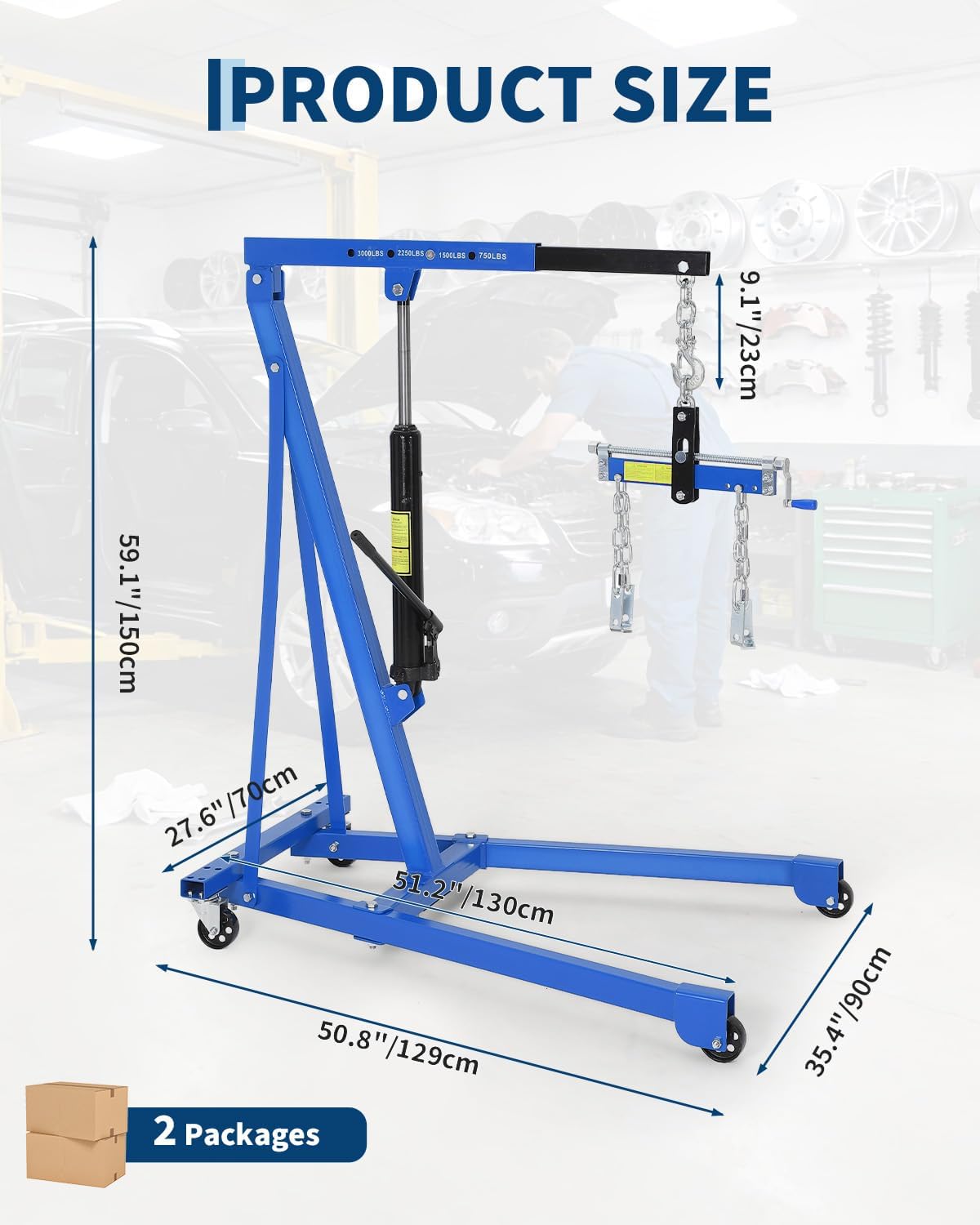 Hydraulic Engine Hoist with Lever, 1.5 Ton 3000 LBS Telescopic Shop Crane with 4 Casters, Cherry Picker Lift with 8 Ton Hydraulic Pump, for Home Garage, Warehouse, and DIY Automotive Projects, Blue