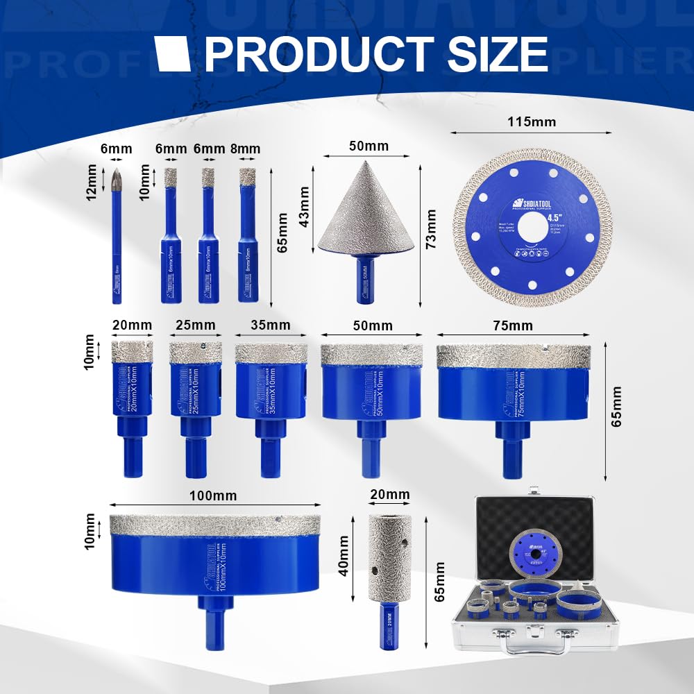 SHDIATOOL Diamond Tile Drill Bits Kit 13pcs, Porcelain Hole Saw Sets, Core Bits Cutter for Drilling Ceramic Marble Granite (6/6/8/20/25/35/50/75/100/20MM/2/6MM/4.5“)