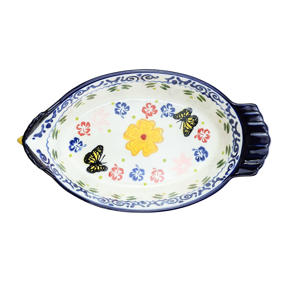 Bicuzat Vintage Butterfly and Flower Pattern Pie Pan, Chicken Shape Ceramic Bakeware Casserole Dish Baking Pan Bakers Lasagna Pans Soup Bowl Baking Dish for Oven to Table-Blue-25 OZ