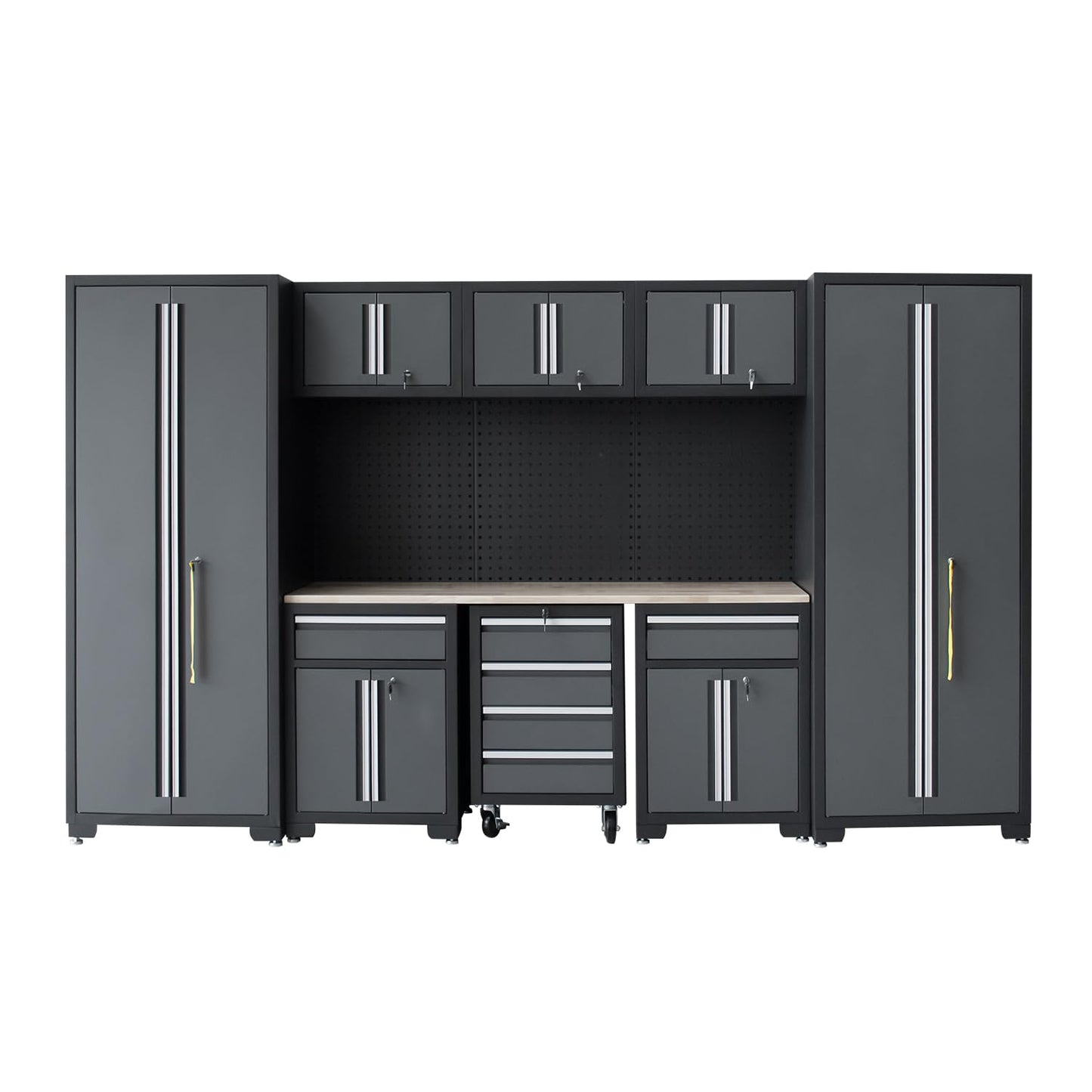 HPDMC Garage Storage Cabinet System 9-Pcs Workshop Set Garage Cabinets and Storage System with Steel Cabinet Drawers, Rolling Chest, Workbench, Pegboard for Garage Tool Organization, Black and Grey