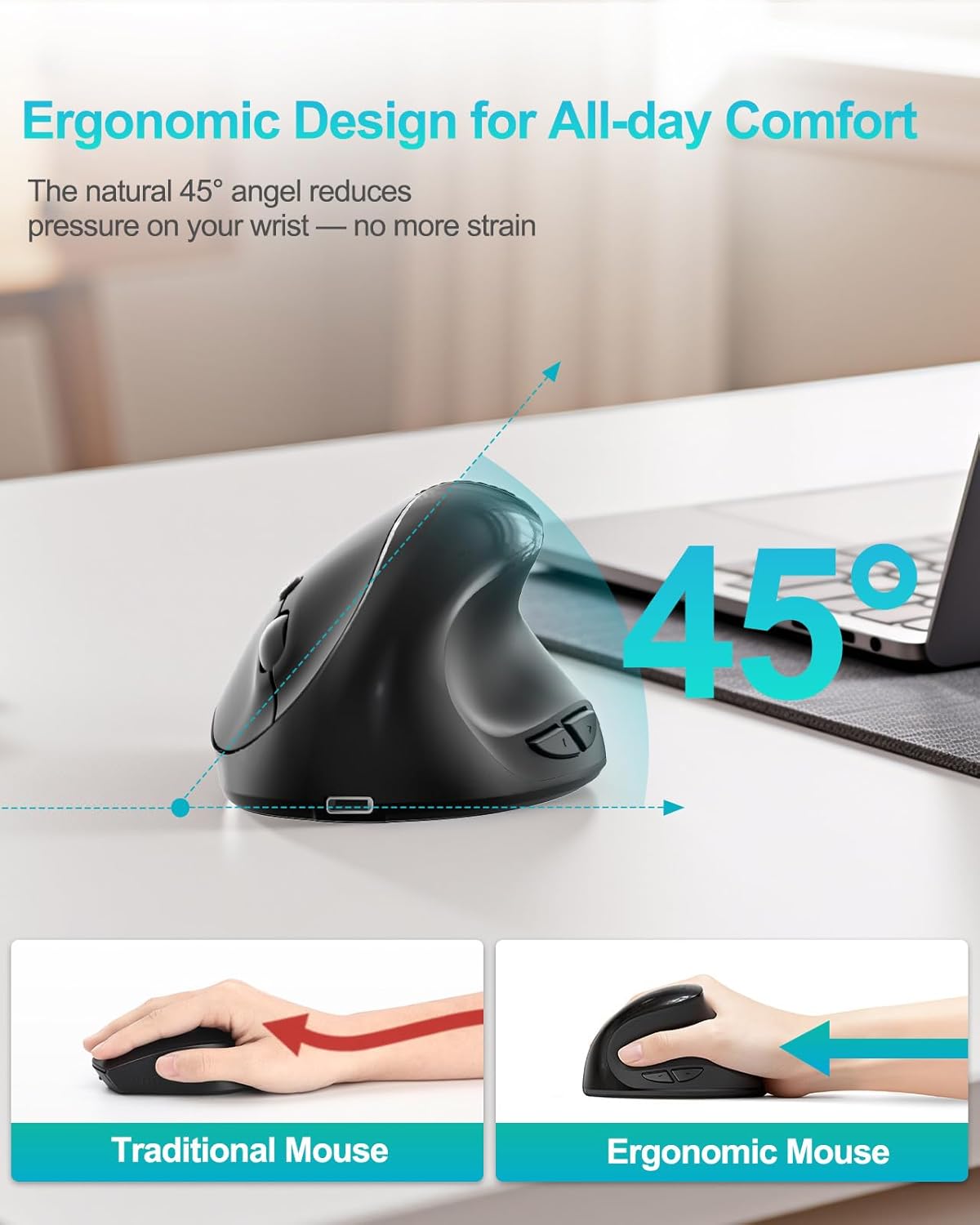 Lekvey 3 Ergonomic Mouse, Vertical Wireless Mouse for Small/Medium Hands, Rechargeable with USB Receiver, DPI