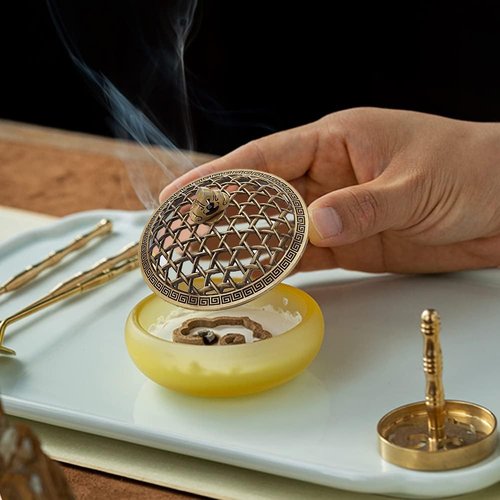 DICOSMETIC Incense Burner Cover - Classic 66mm Round Alloy Holder with Antique Bronze Finish | Lotus Design