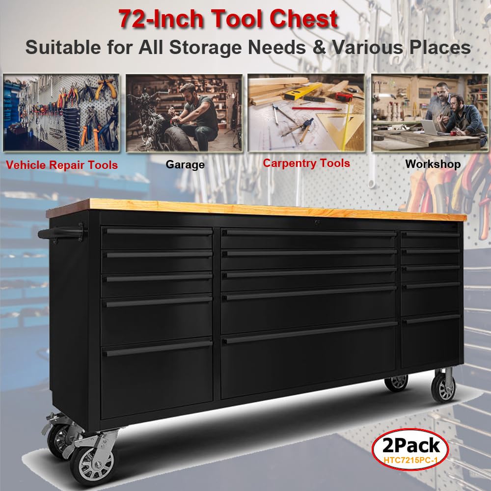 2 Pack - 72" Stainless Steel Rolling Tool Chest with 15 Drawers, Lockable Storage Cabinet, Black Mobile Workbench, Assembled Black Large Tool Box with Wheels for Garage Workshop (2 × HTC7215PC-1)